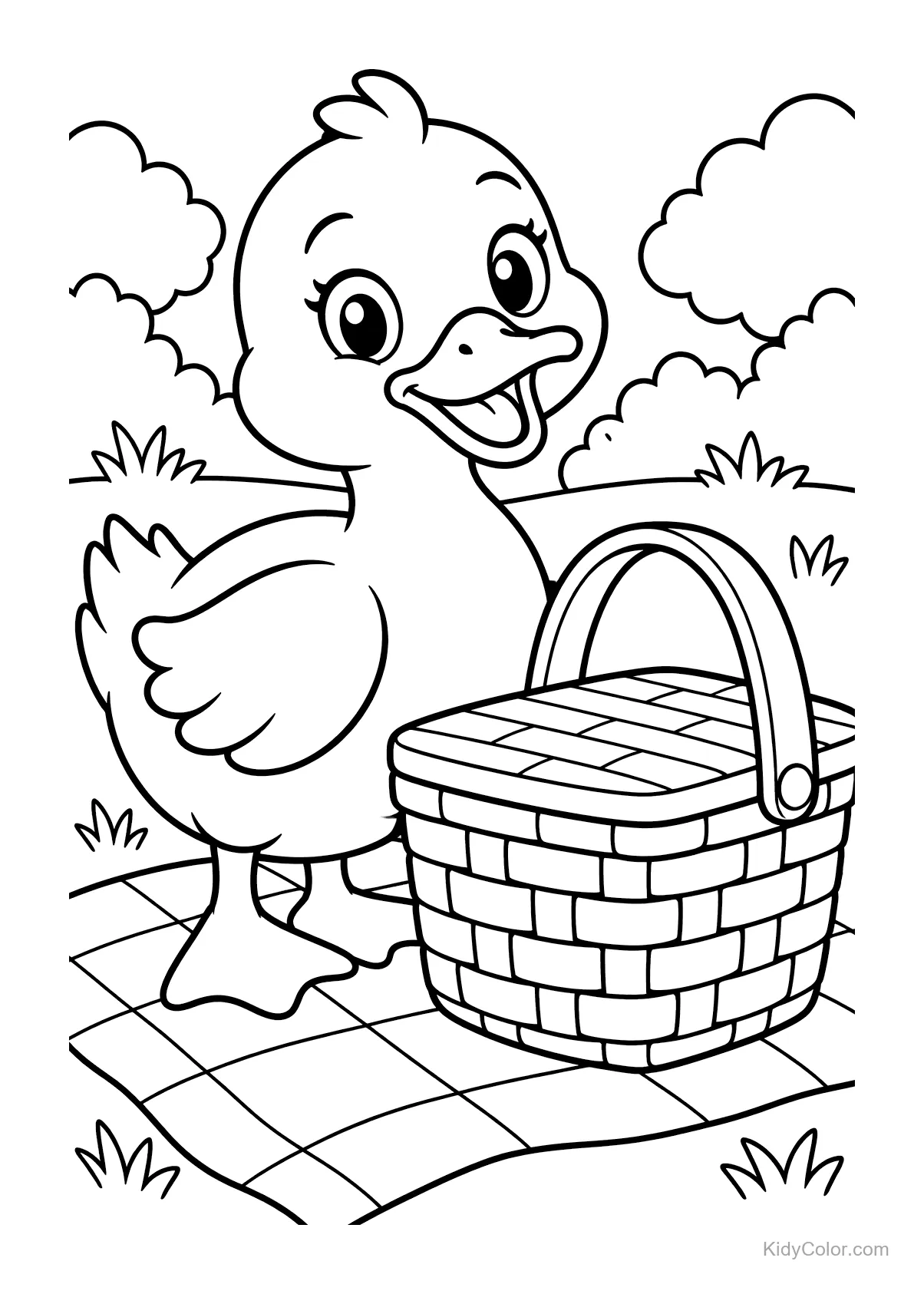 Pato feliz ao lado de uma cesta de piquenique em um campo.