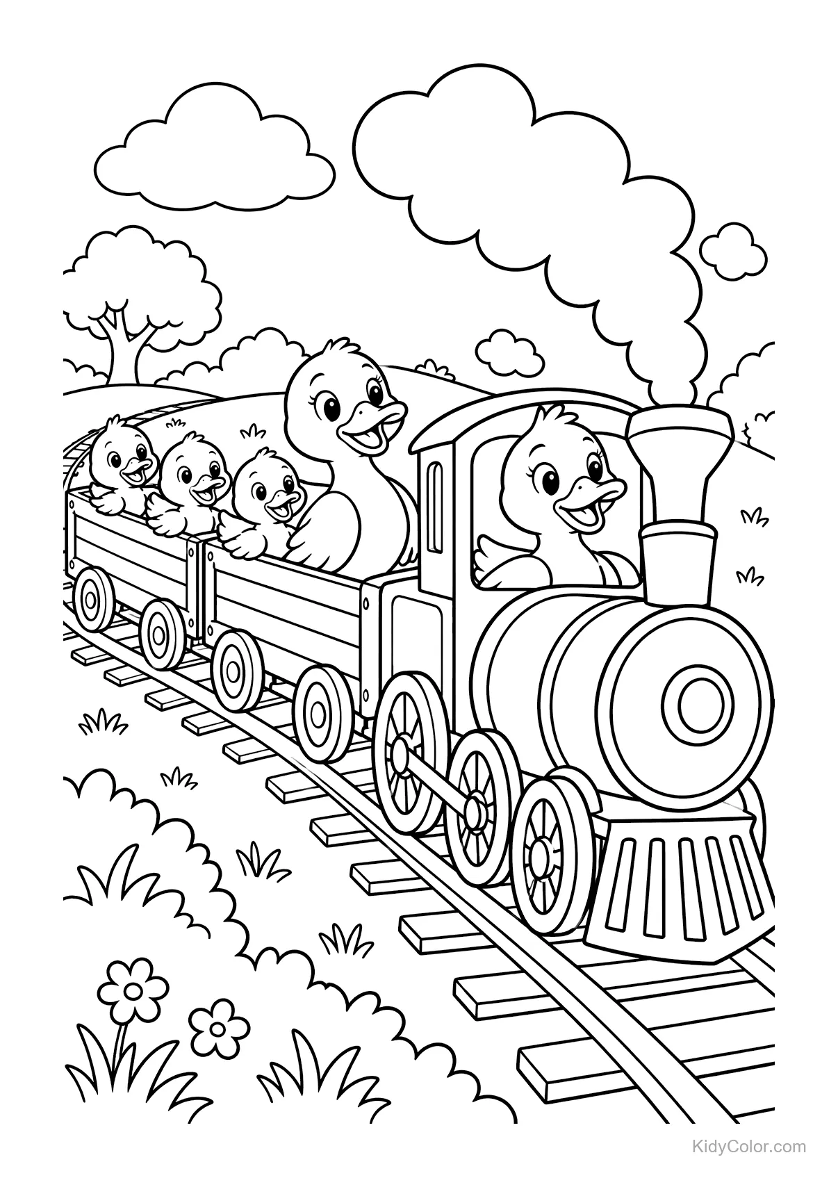 Des canards sur un train à vapeur dans la campagne.