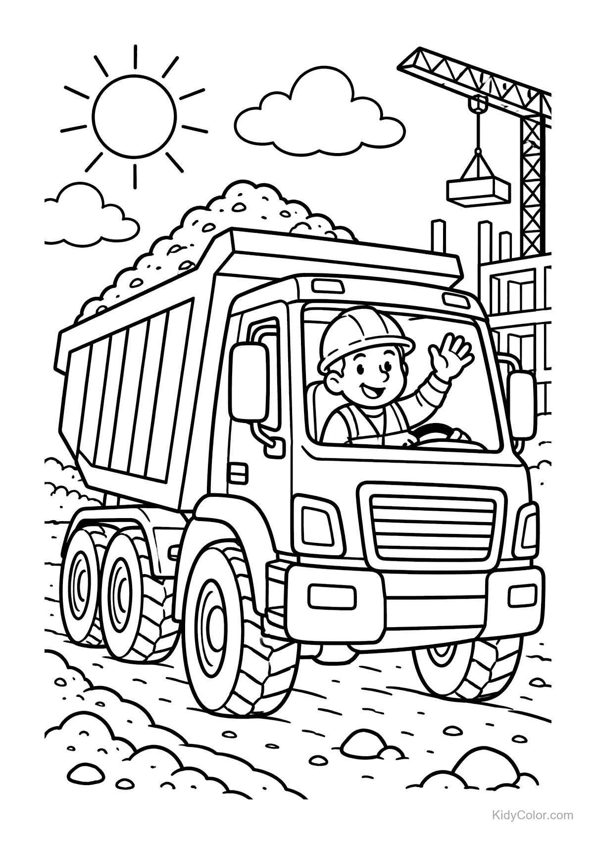Dump truck loaded with dirt, driver waving, at a construction site.
