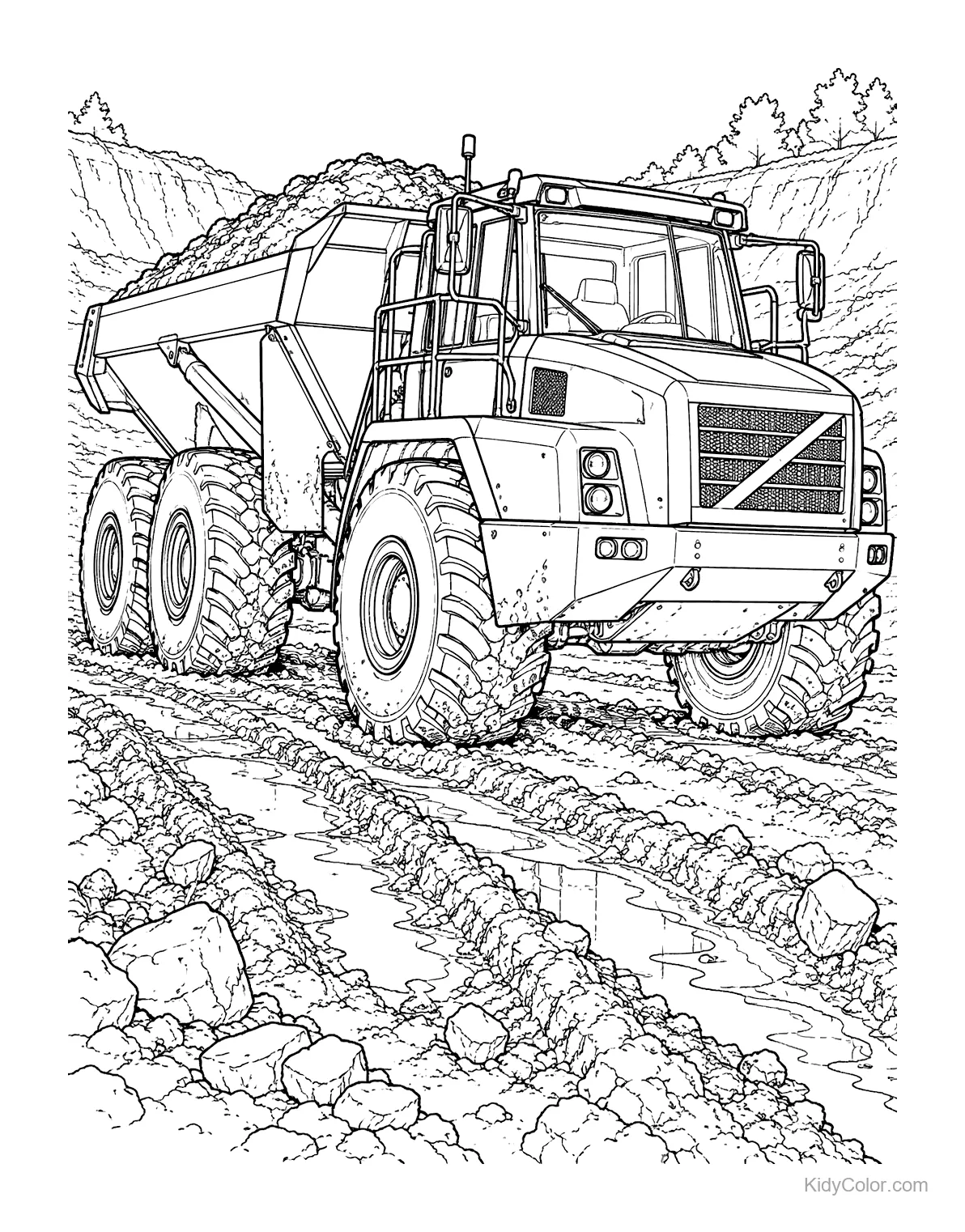 Dump truck driving through a muddy quarry with rocks.