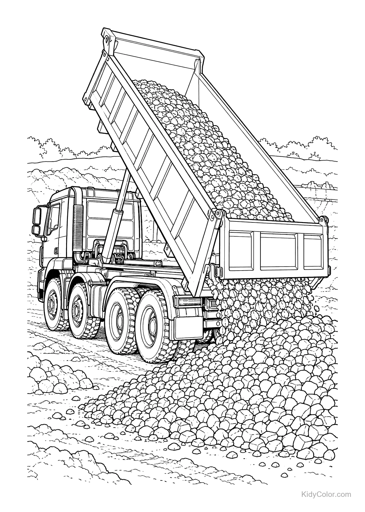 Dump truck unloading gravel at a construction site in a line drawing.
