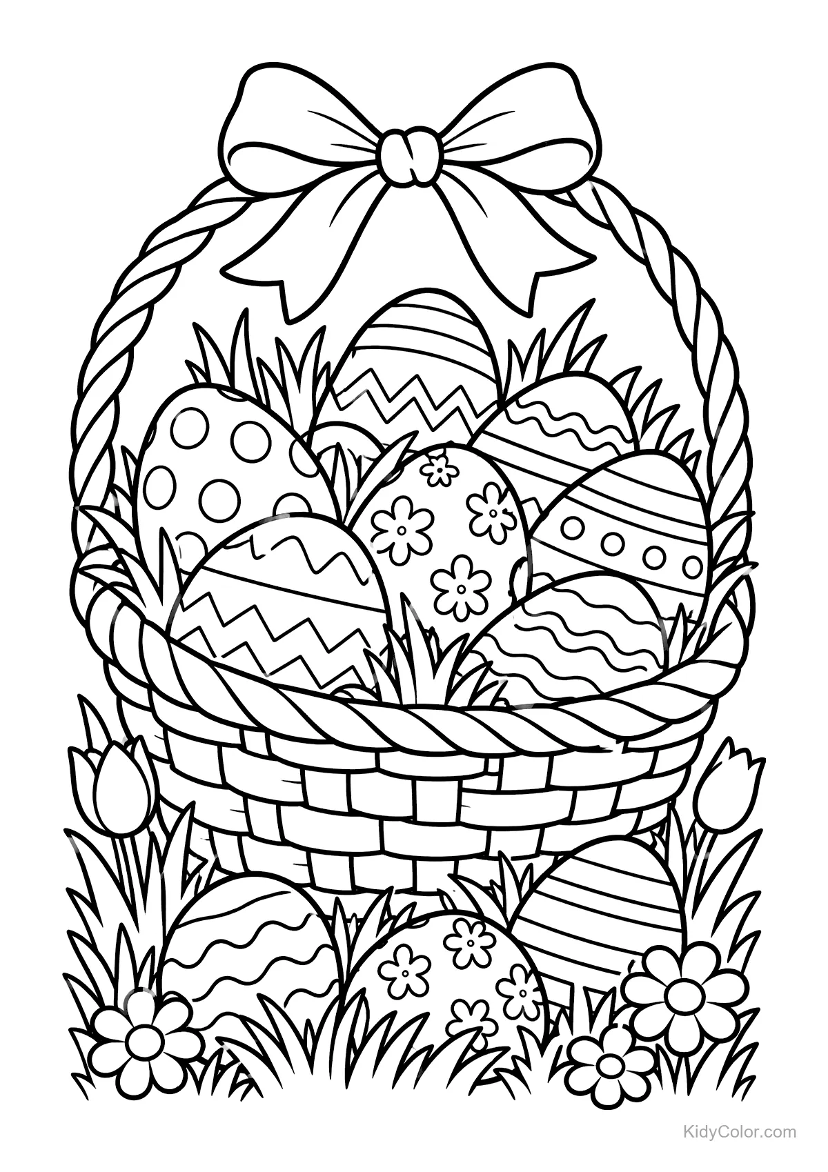 Easter basket with decorated eggs and flowers around it.