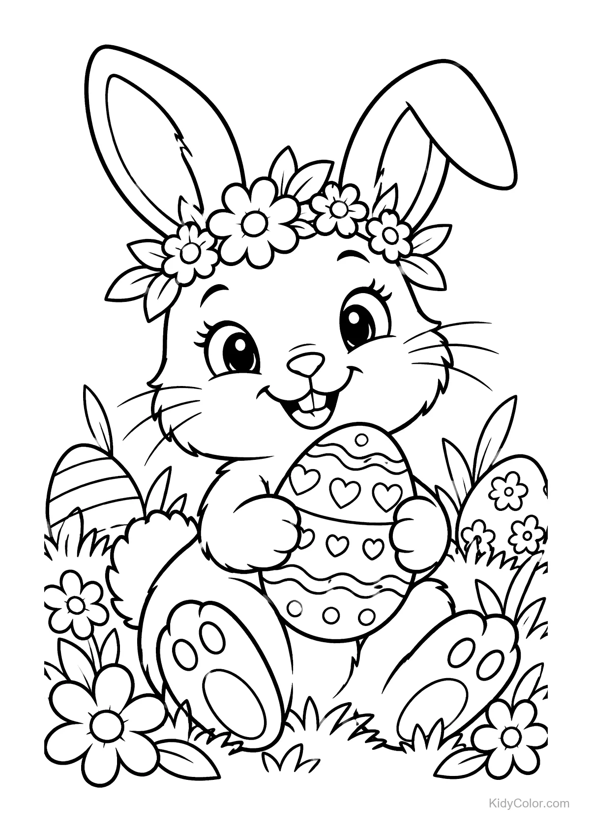 A bunny with a flower crown holding a decorated egg, surrounded by flowers and Easter eggs.