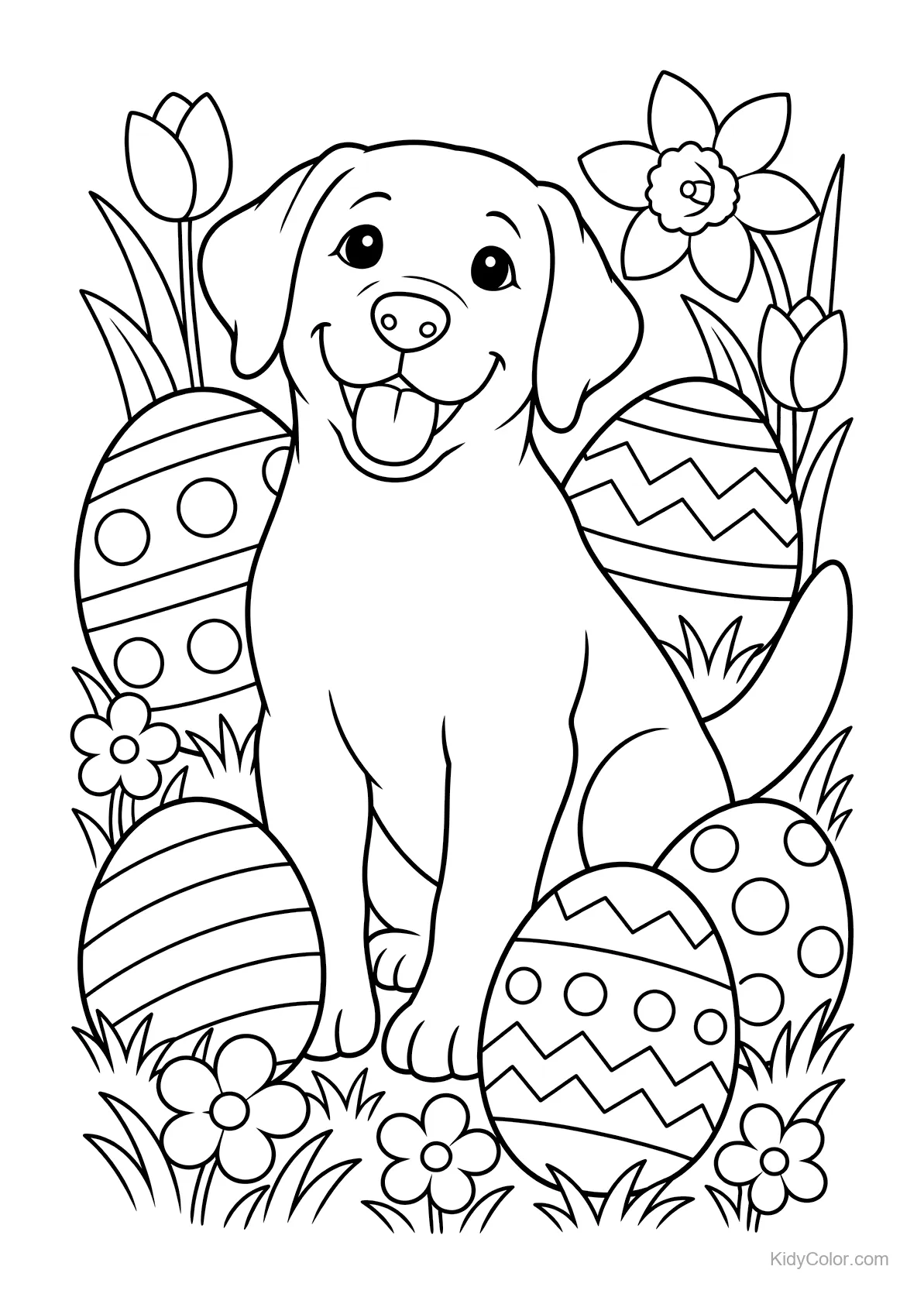 Labrador-Welpe sitzt zwischen verzierten Ostereiern und Blumen.