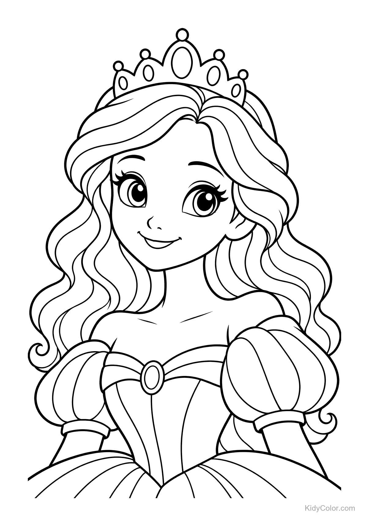 Una princesa con cabello largo y una corona, vistiendo un vestido.