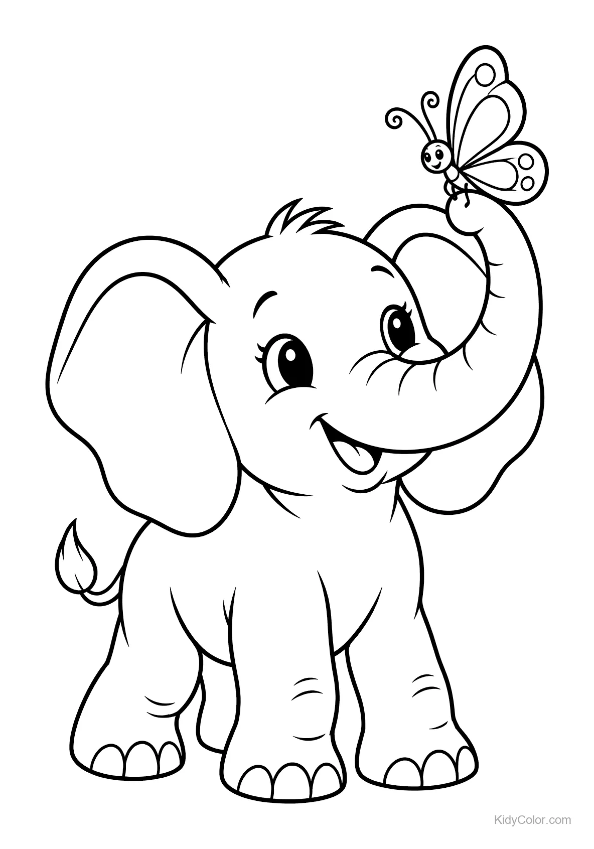 Elefant lächelt mit einem Schmetterling auf dem Rüssel.