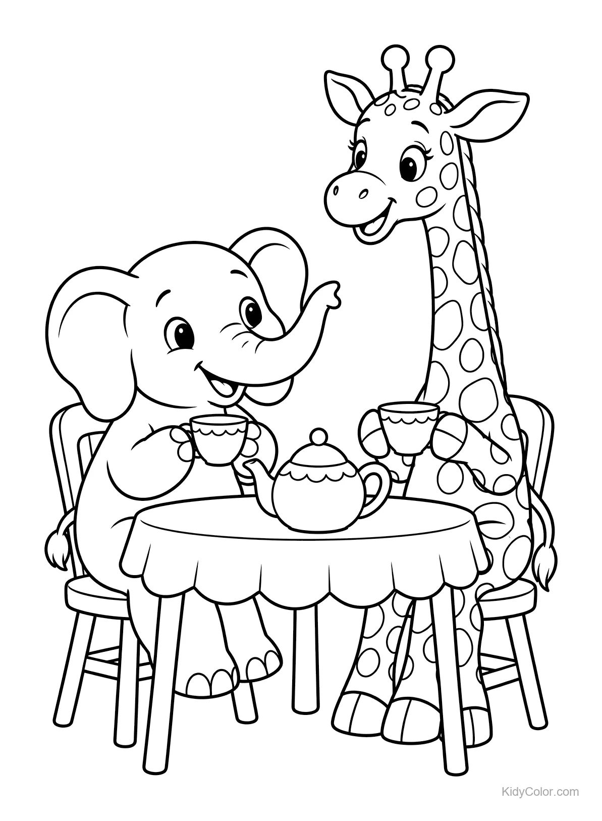 Elefant und Giraffe sitzen an einem Tisch und trinken Tee.