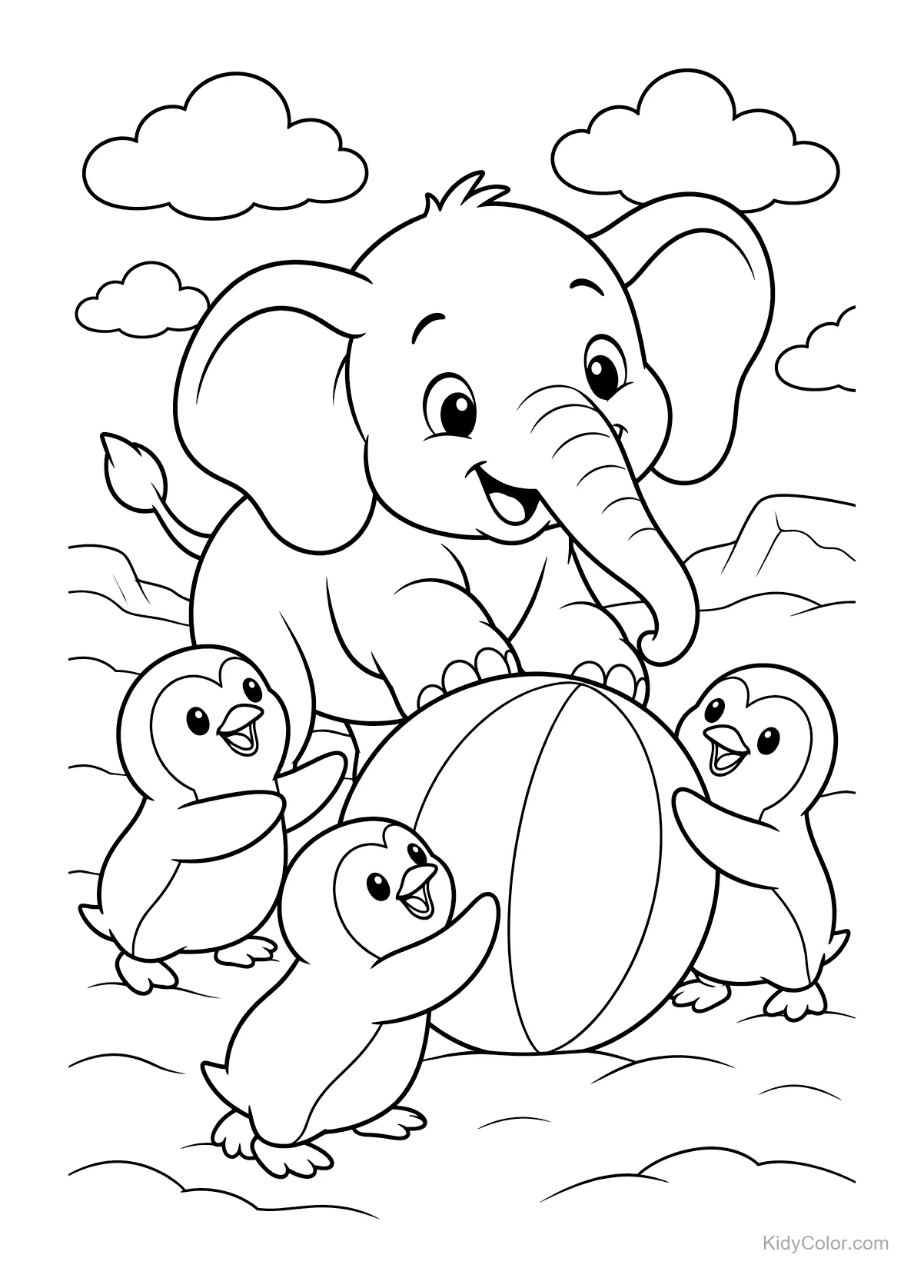 Elephant and three penguins pushing a snowy ball.