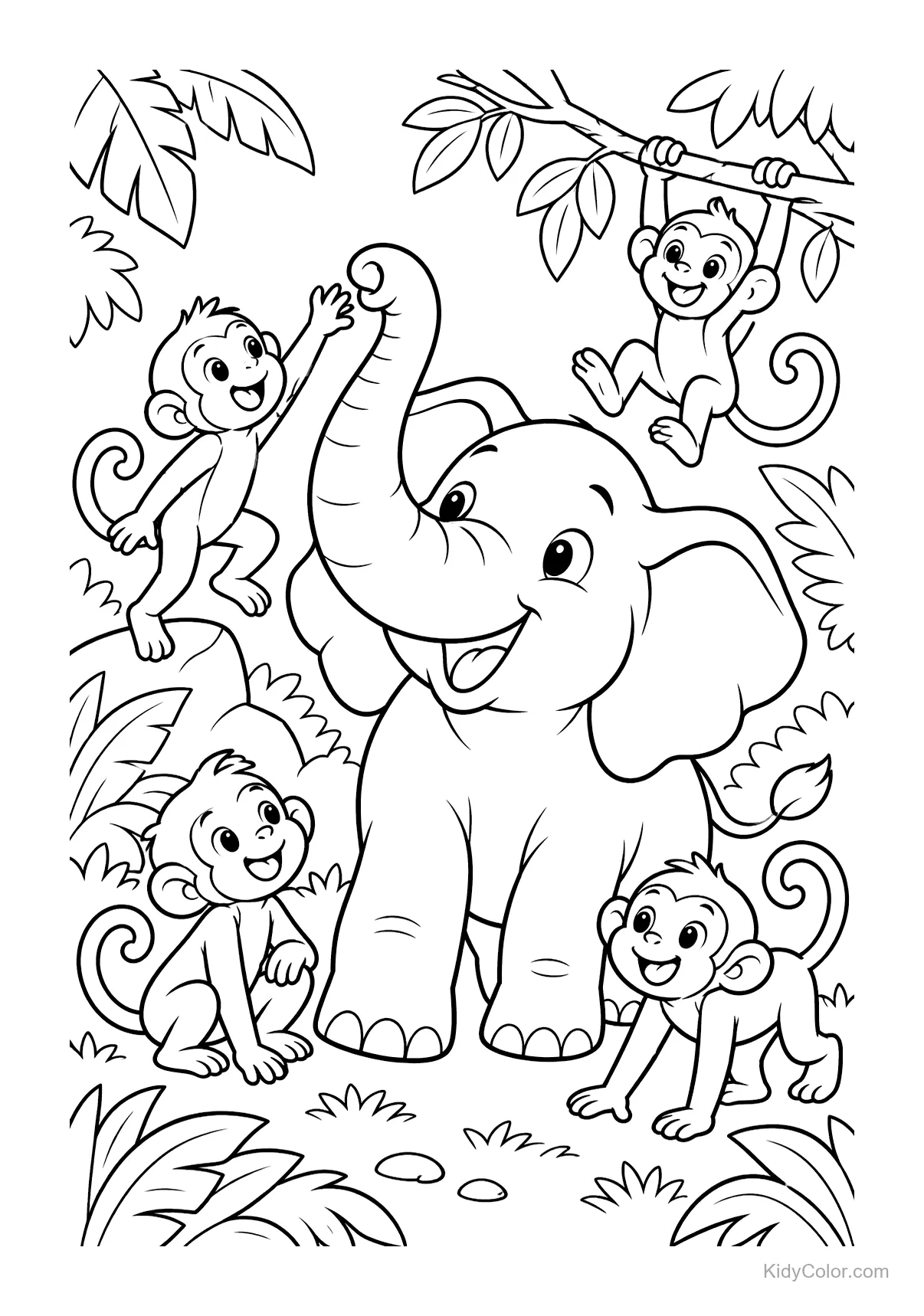 Elefant steht mit vier spielenden Affen im Dschungel.
