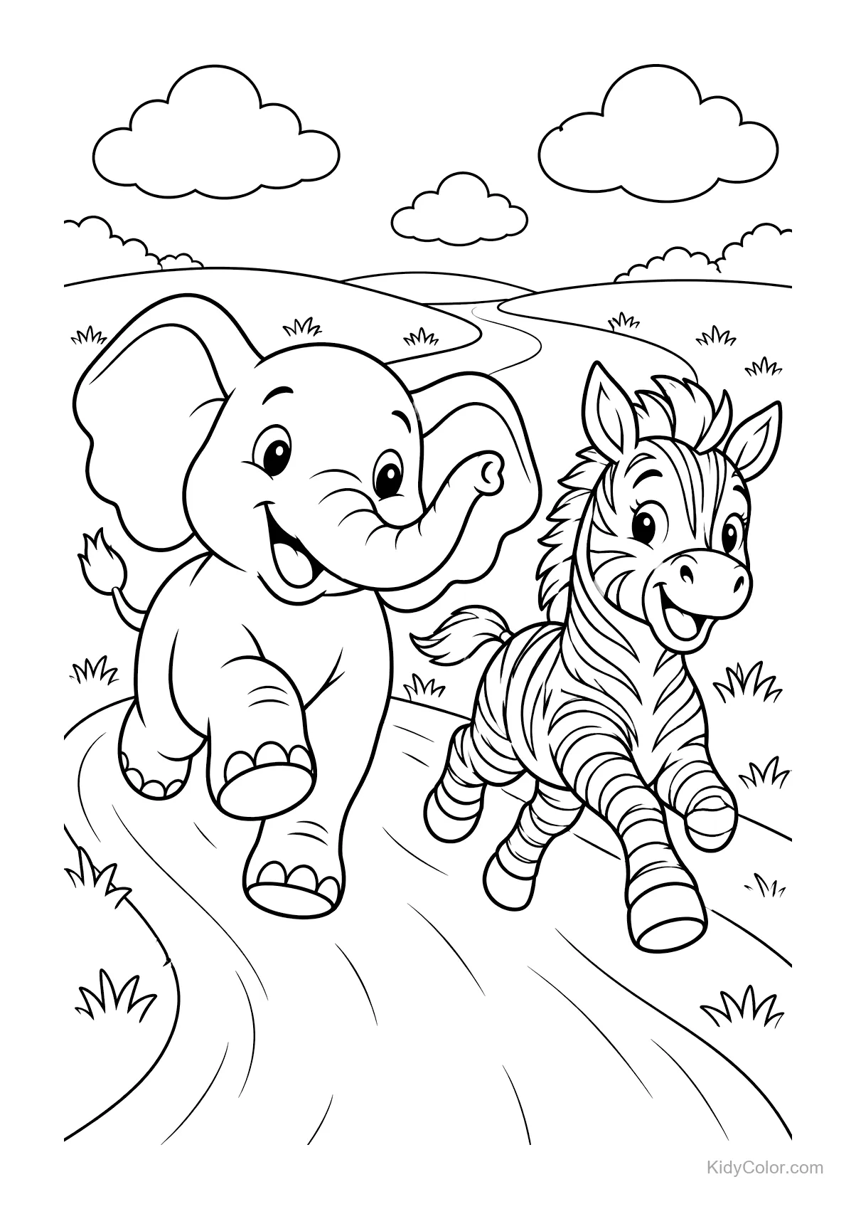 Éléphant et zèbre courant sur un chemin avec de l'herbe et des nuages.