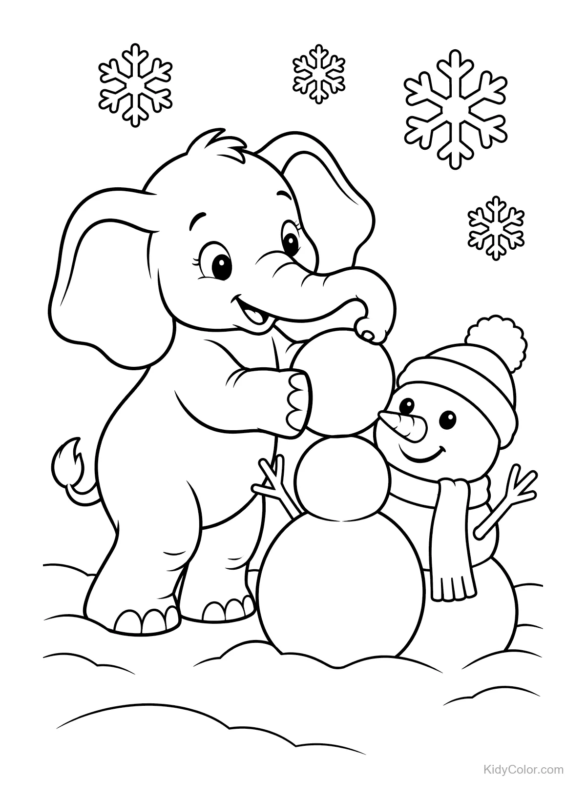 Elefante construyendo un muñeco de nieve con tres bolas de nieve y nariz de zanahoria.