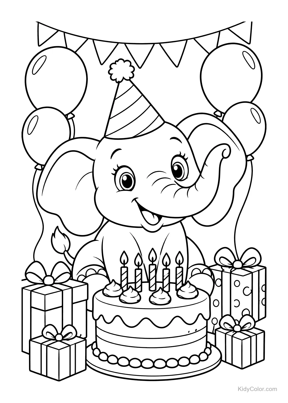 Elephant wearing party hat with cake and balloons.