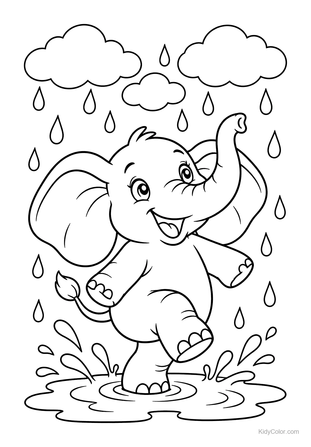 Ein glücklicher Elefant tanzt spielerisch im Regen mit Tropfen um ihn herum.