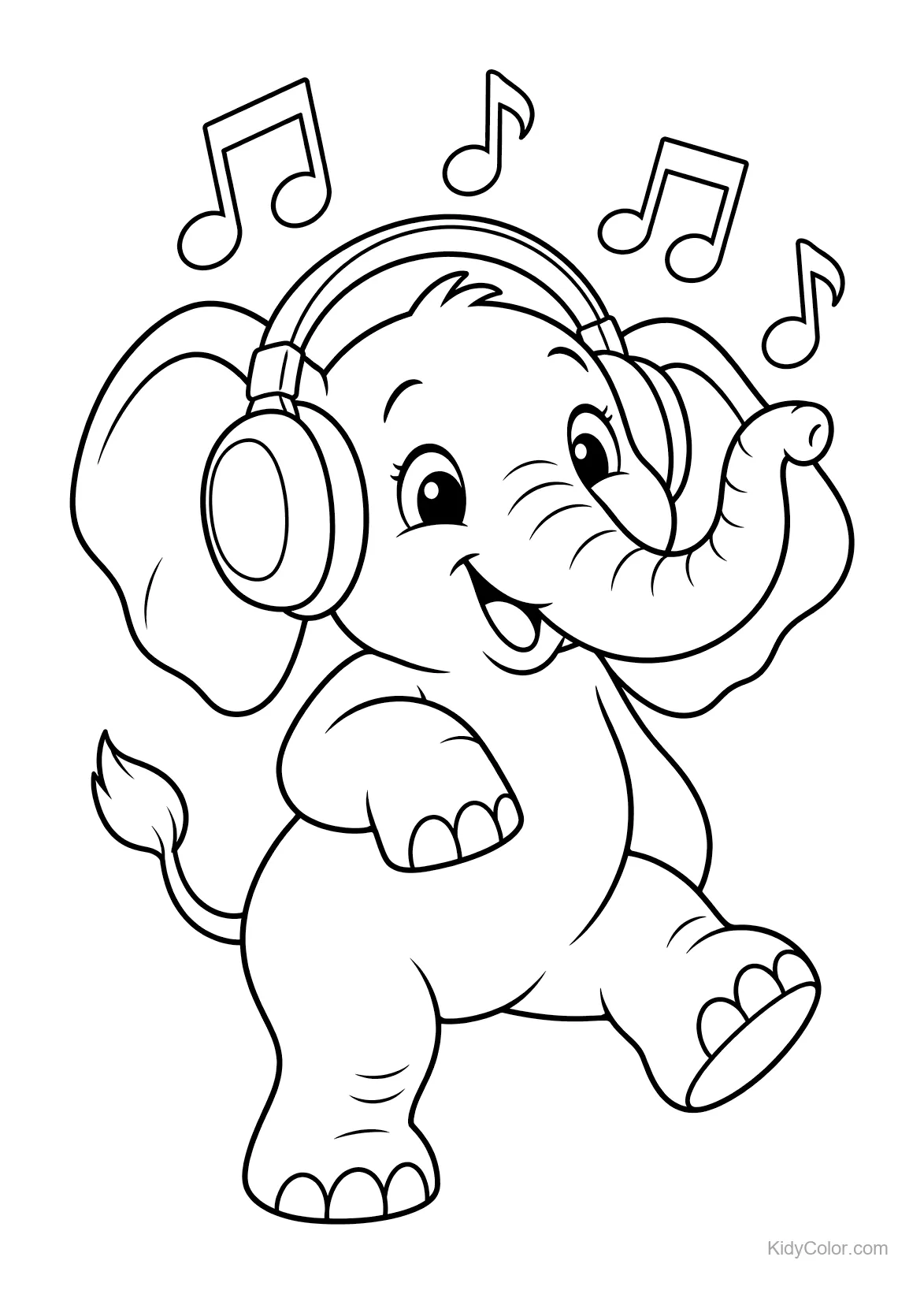 Elefante con audífonos bailando y notas musicales arriba.