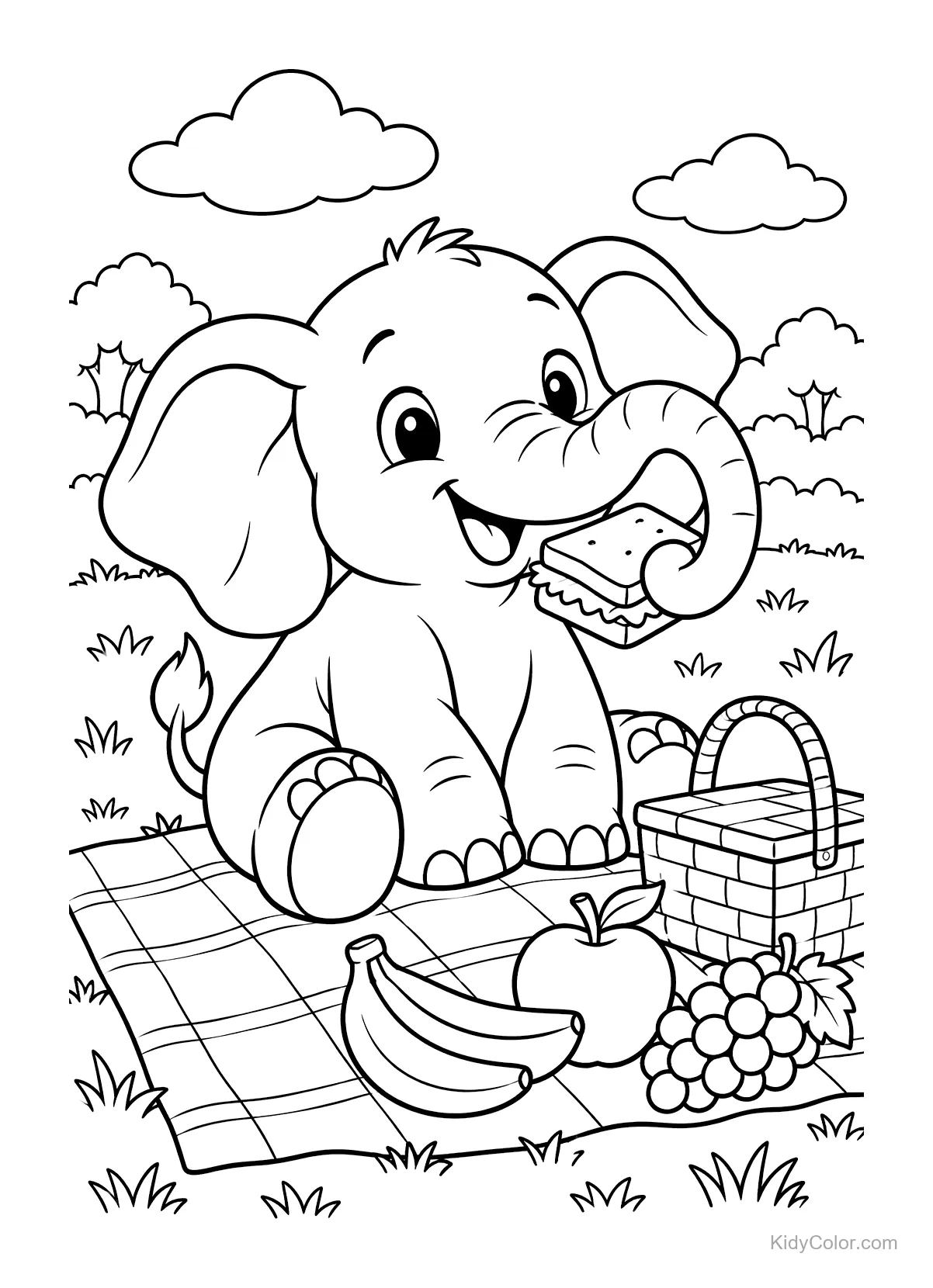 Éléphant sur une couverture de pique-nique mangeant un sandwich avec des fruits et un panier.