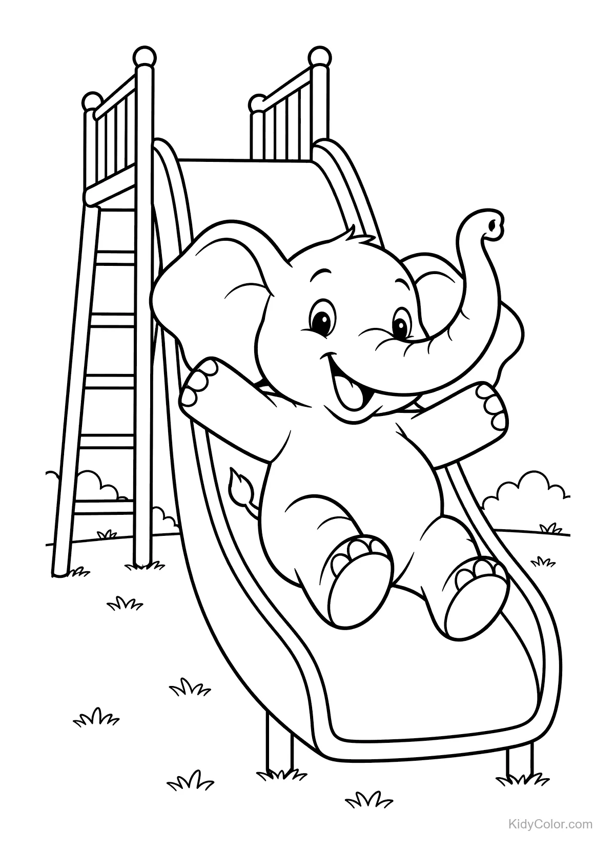 Elephant happily sliding down a playground slide.