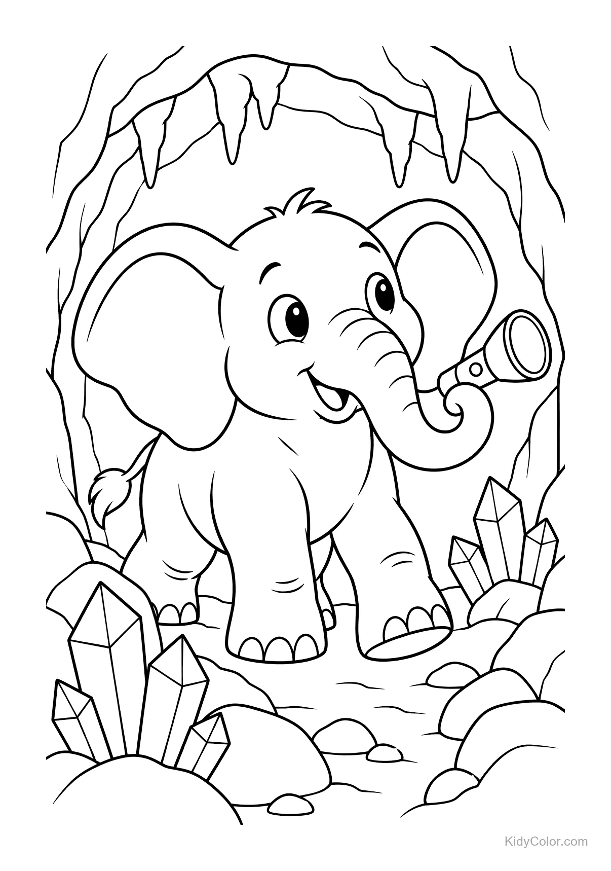 An elephant with a telescope exploring a cave full of crystals.