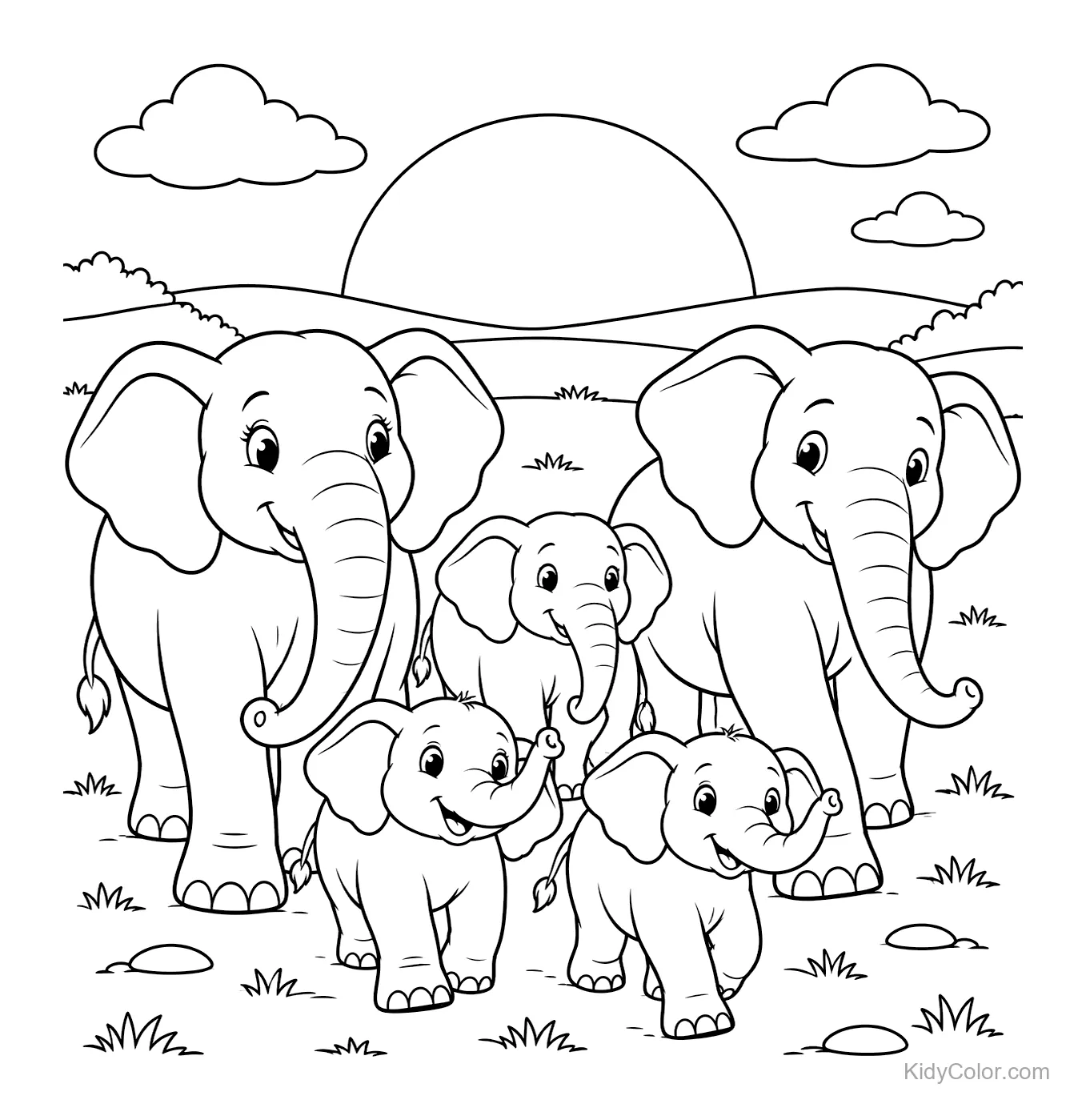 An elephant family with adults and calves walking at sunset.