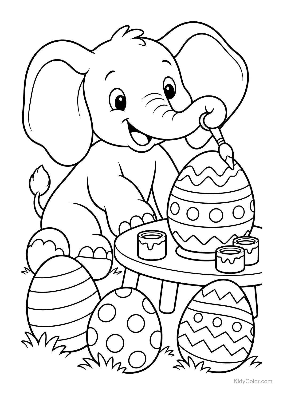 Elefante pintando huevos de Pascua con varios patrones.