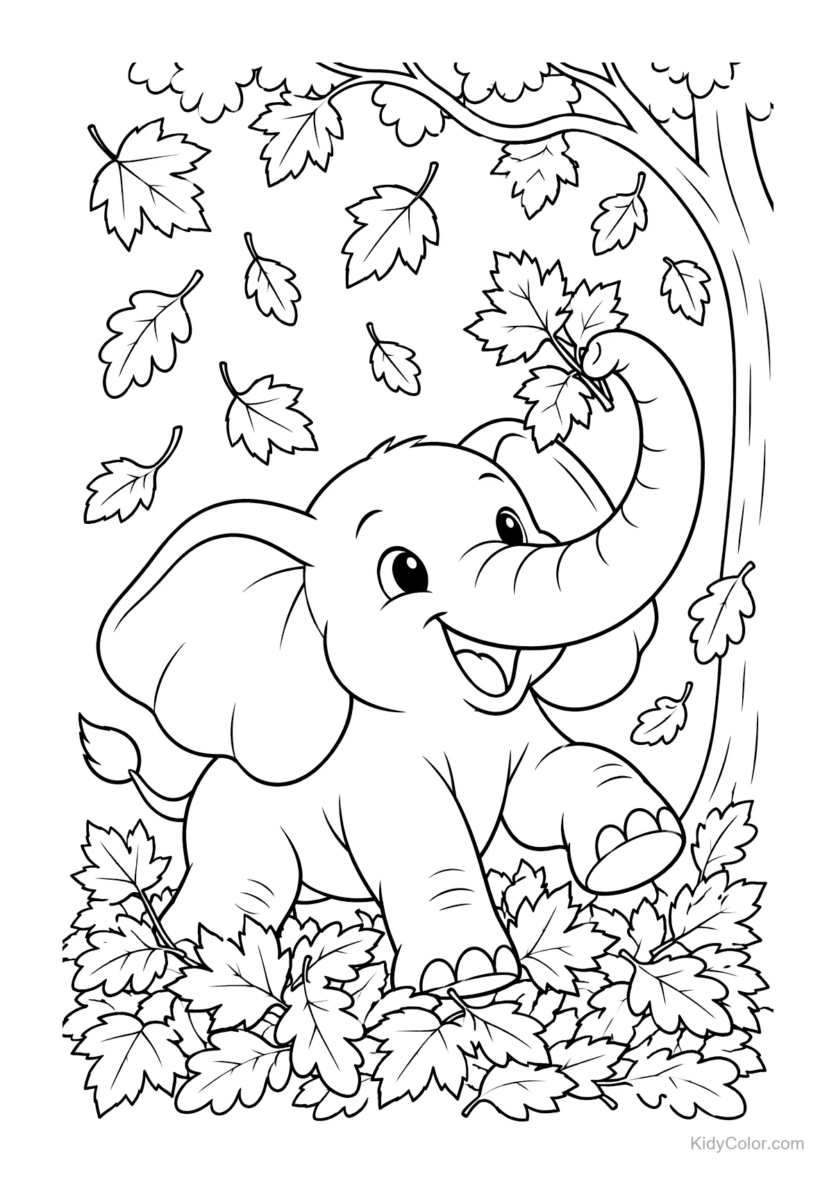 Happy elephant playing in a pile of autumn leaves under a tree.