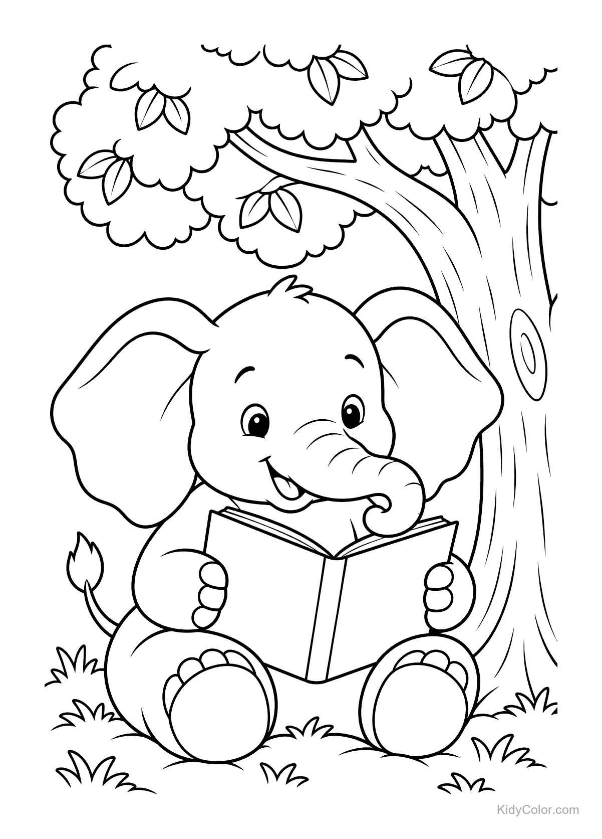 Elephant reading a book under a tree with lush leaves.