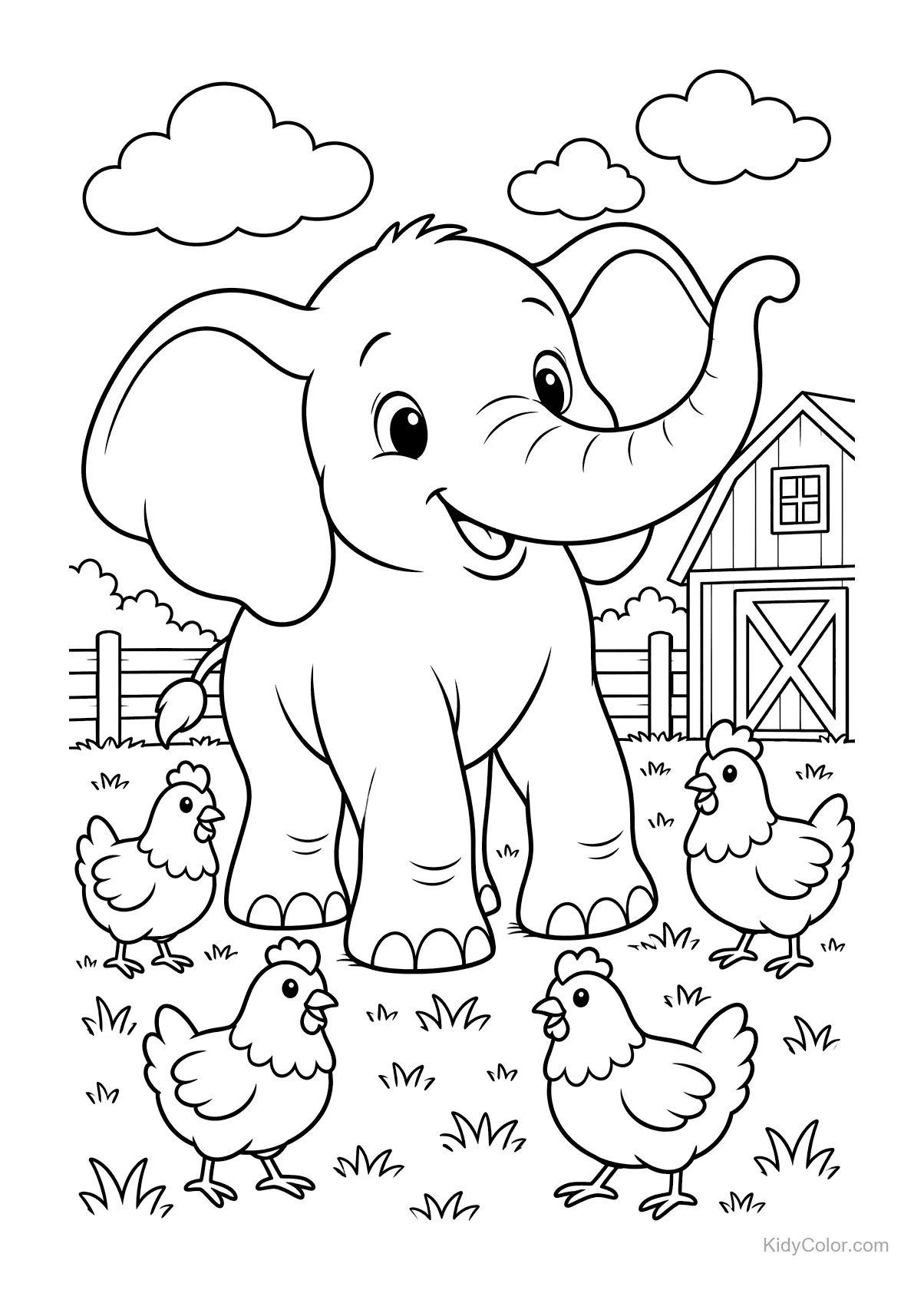 Ein Elefant auf einem Bauernhof mit fünf Hühnern und einer Scheune.