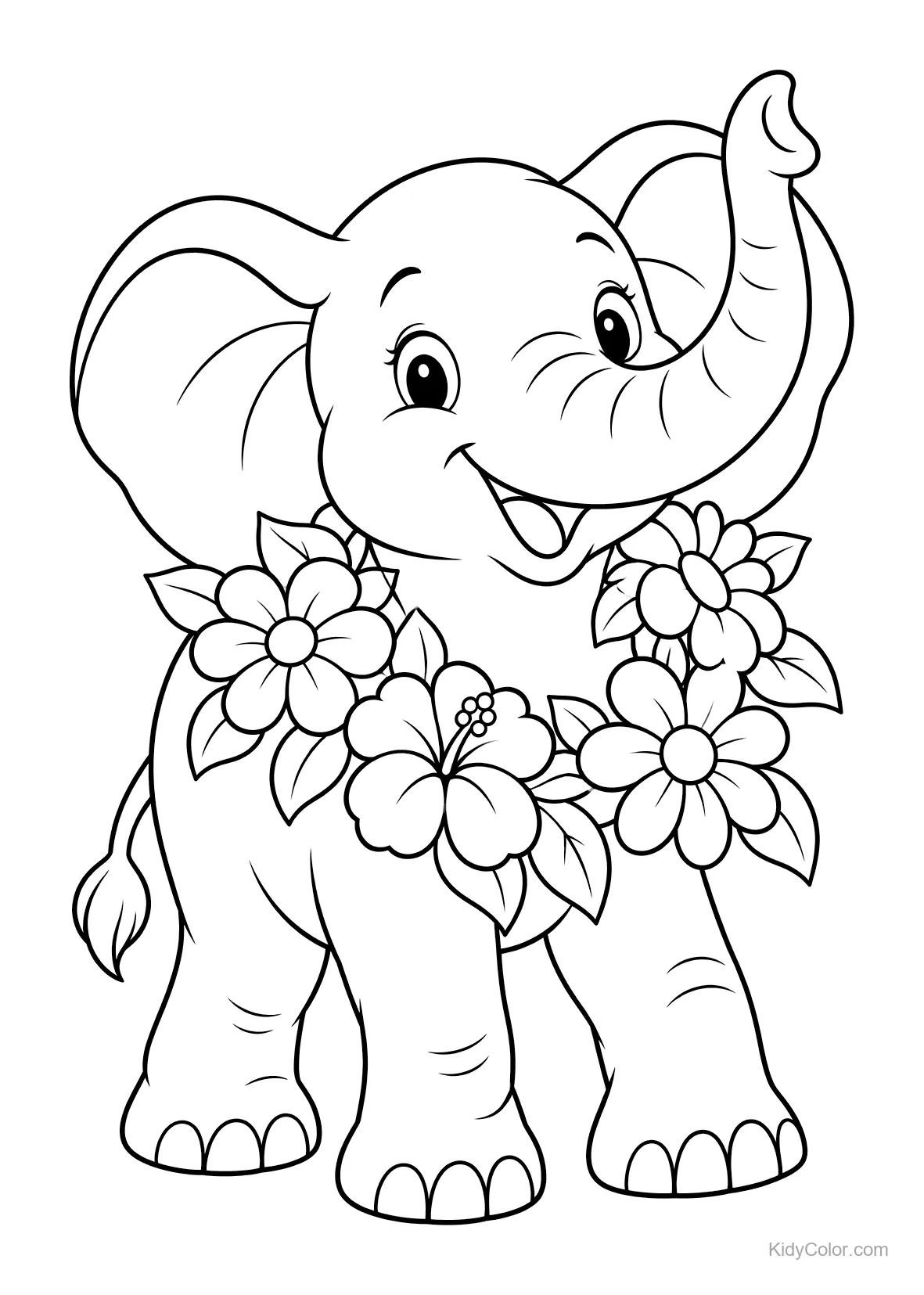 Elefante allegro con la proboscide alzata e fiori estivi.