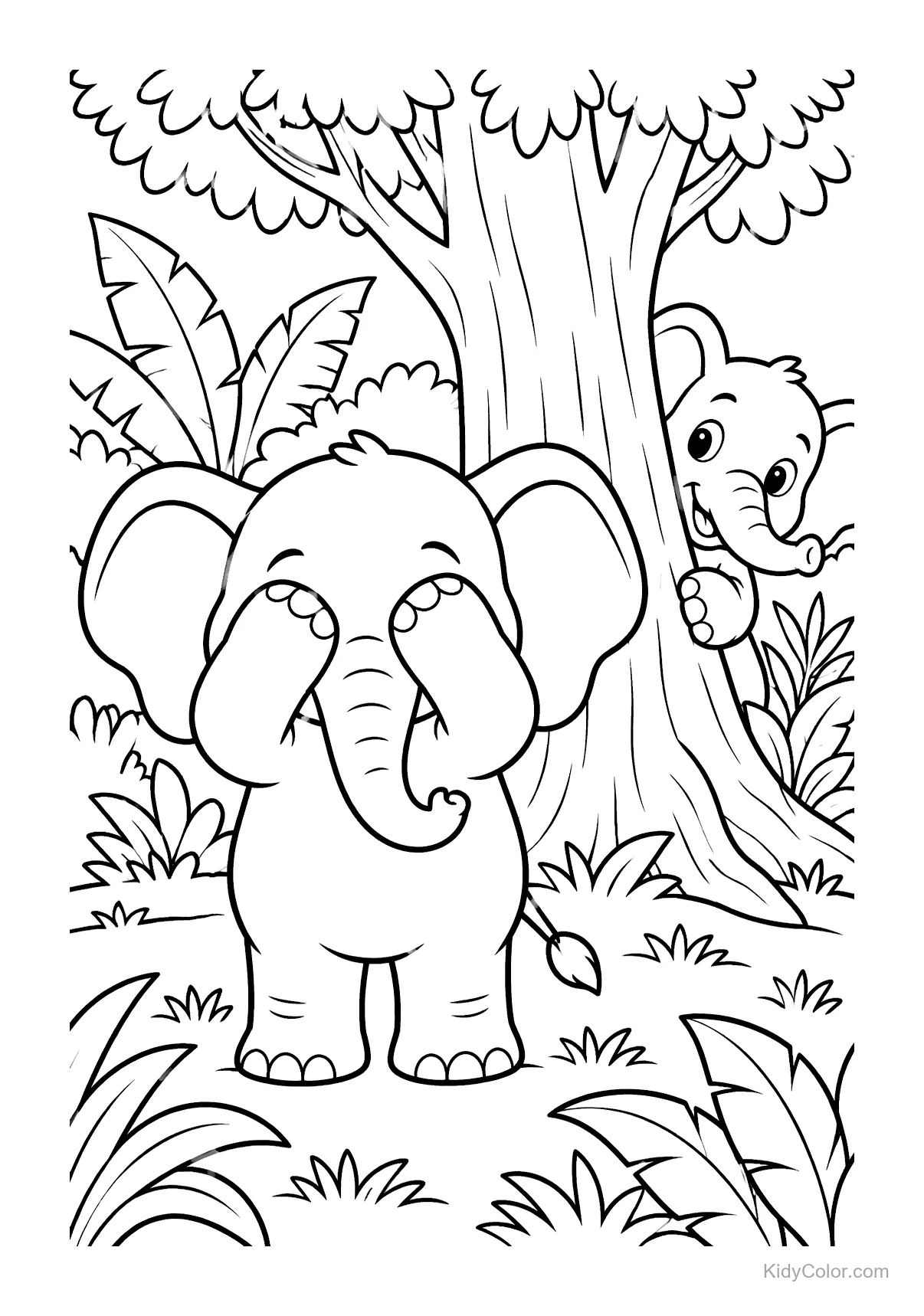 Two elephants playing hide-and-seek around a tree in a jungle.