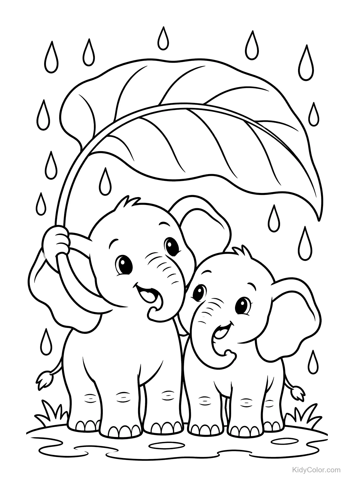 Two elephants standing under a large leaf with raindrops above.