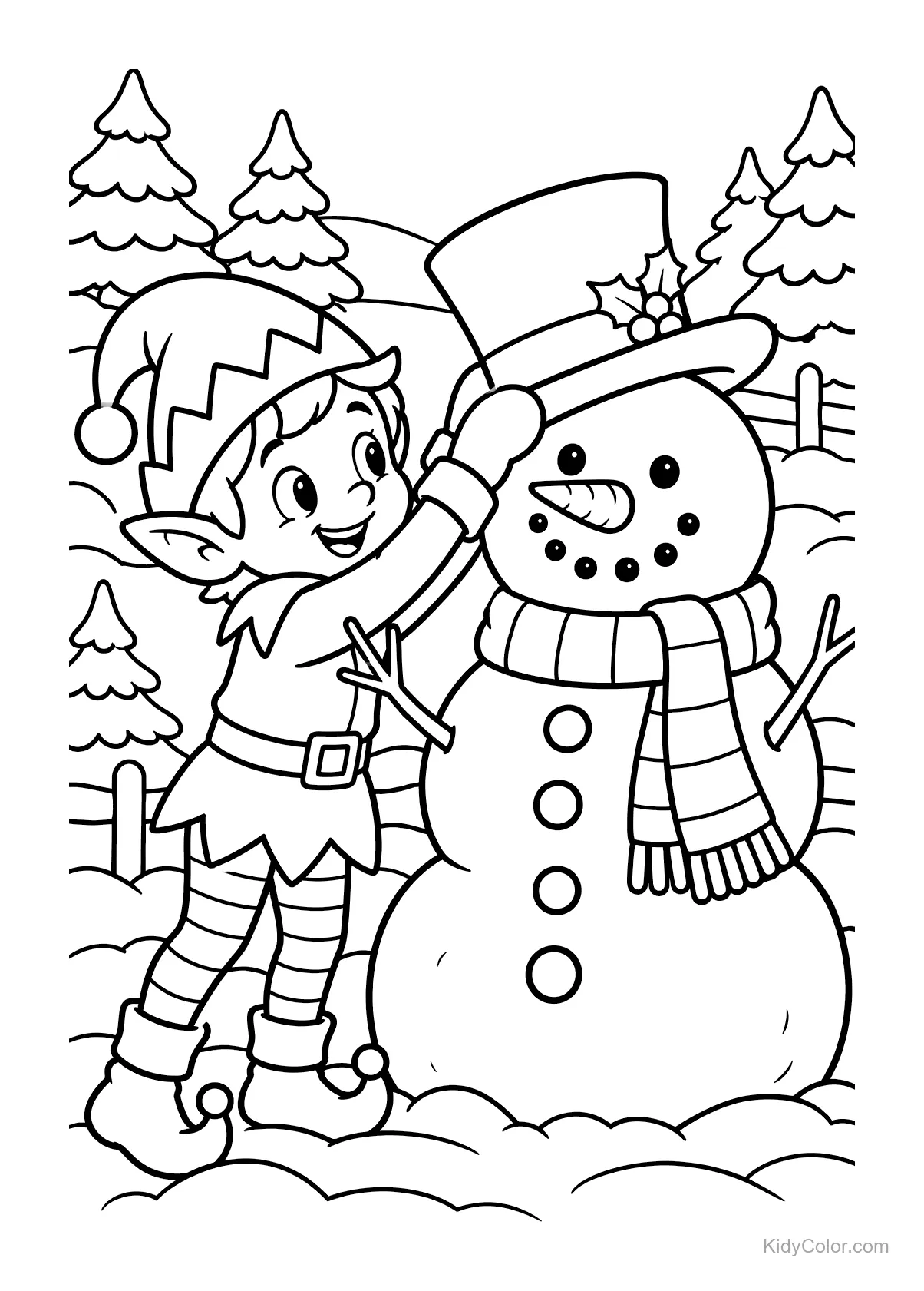 Elf adjusting a snowman's top hat in a snowy setting.