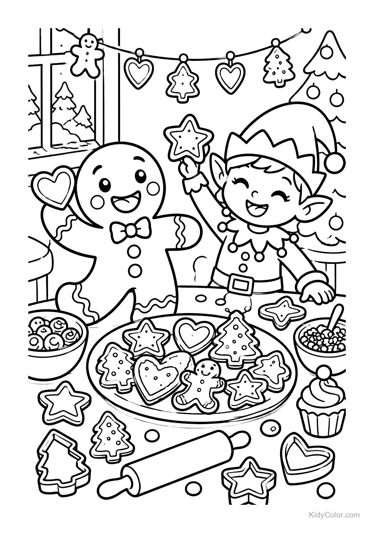 Duende e biscoito de gengibre decoram biscoitos em cozinha festiva.