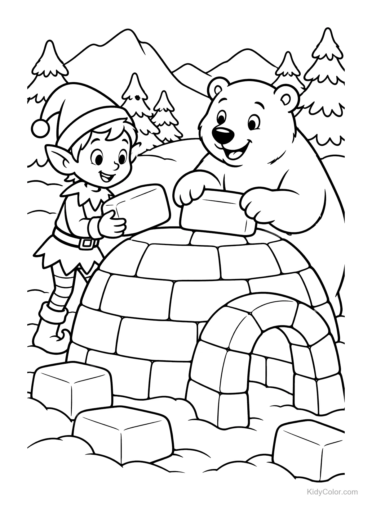 Elf and polar bear constructing an igloo in a snowy setting.