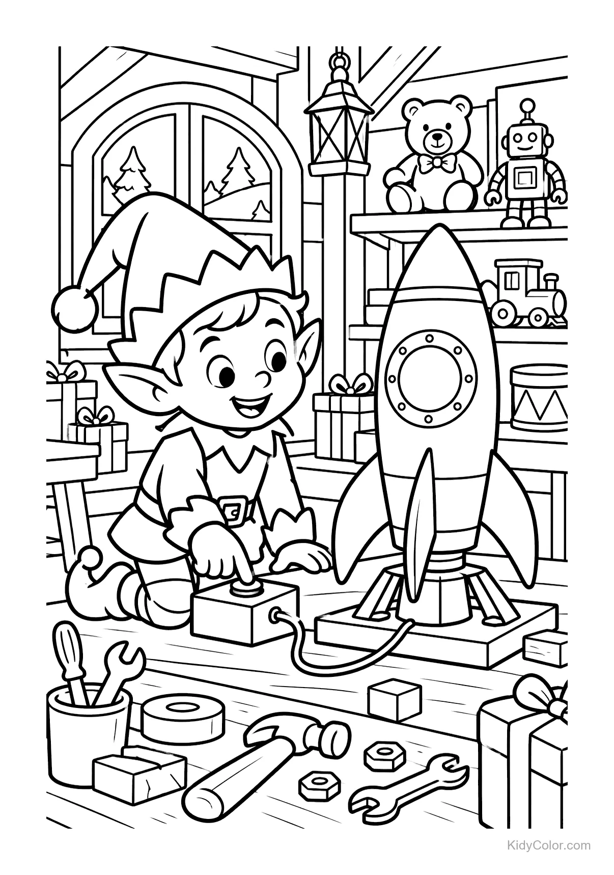 An elf is building a rocket in a workshop with toys around.