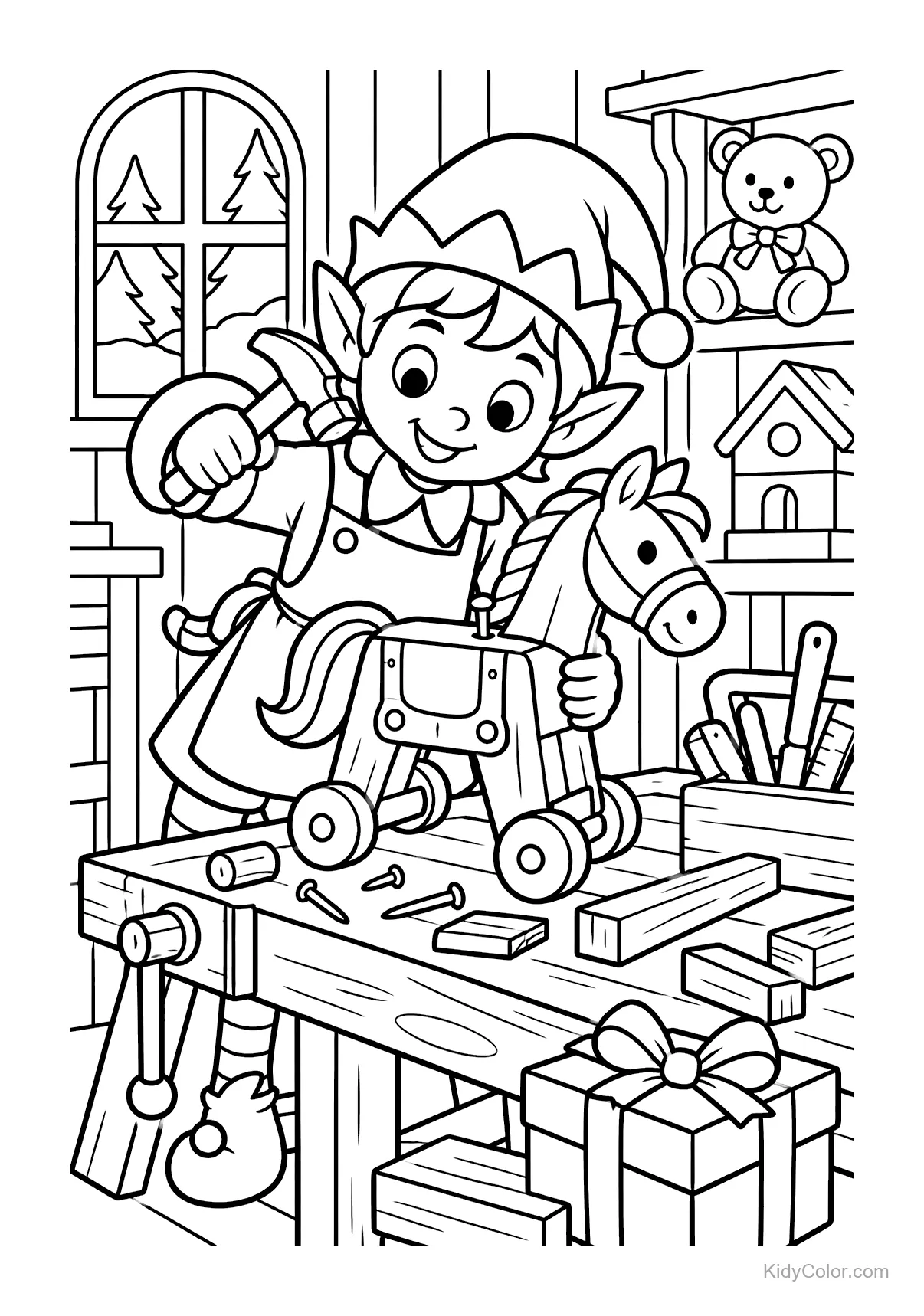 Elf constructing a wooden toy horse in a workshop, with tools and toys around.