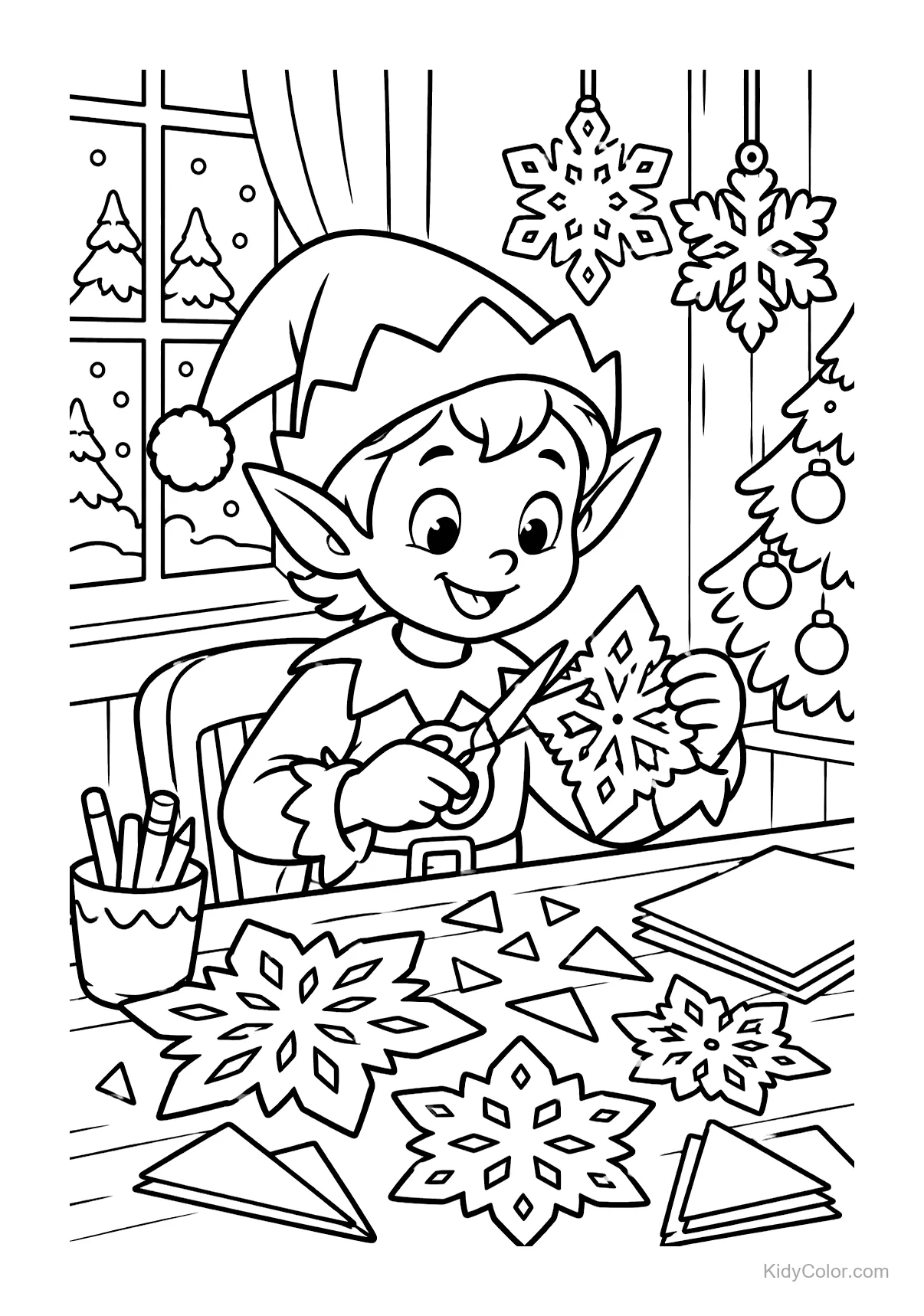 An elf making paper snowflakes with scissors at a table.