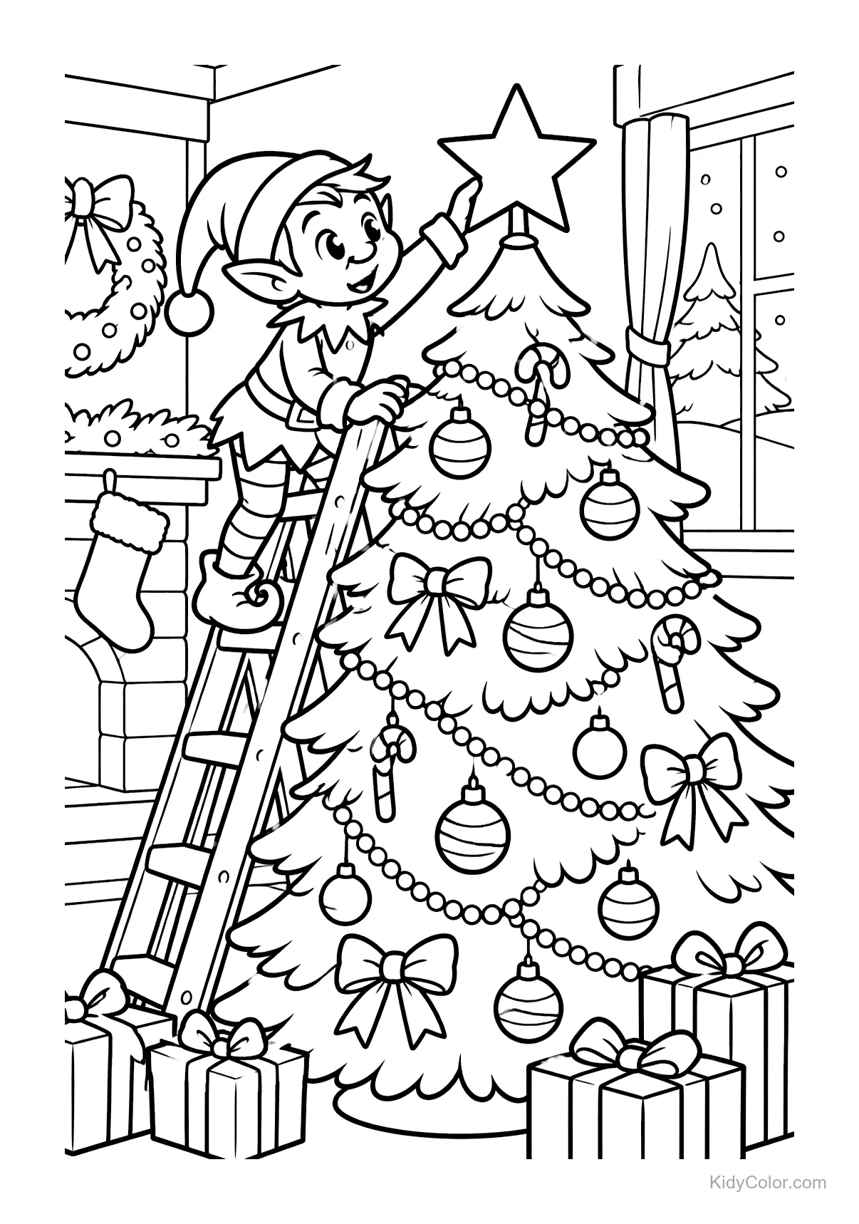 Elf on a ladder decorating a Christmas tree with ornaments.