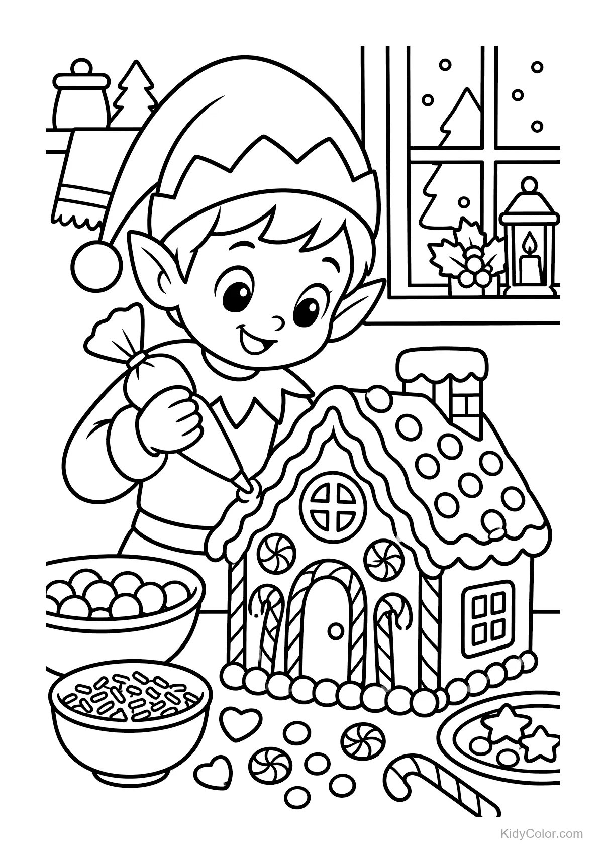 Elf decorating a gingerbread house with icing and candies.