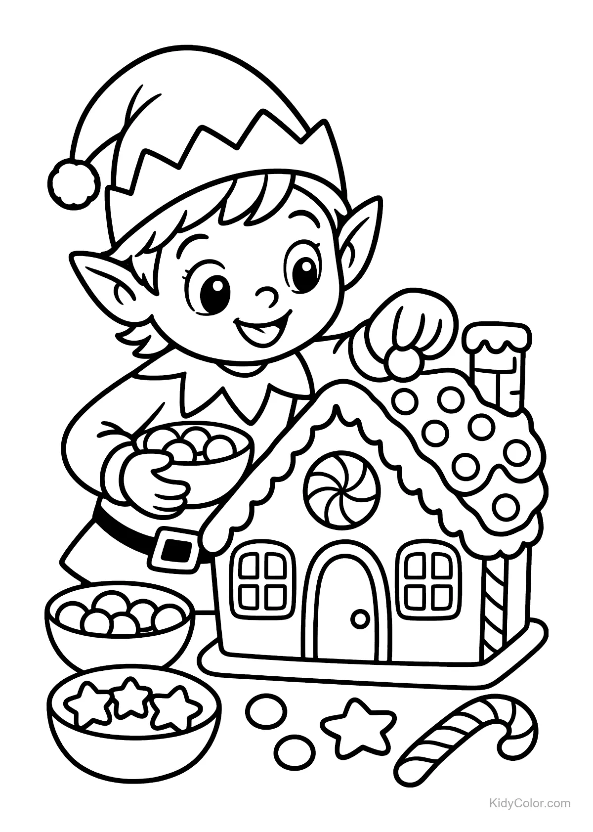Elf decorating a gingerbread house with candy bowls.