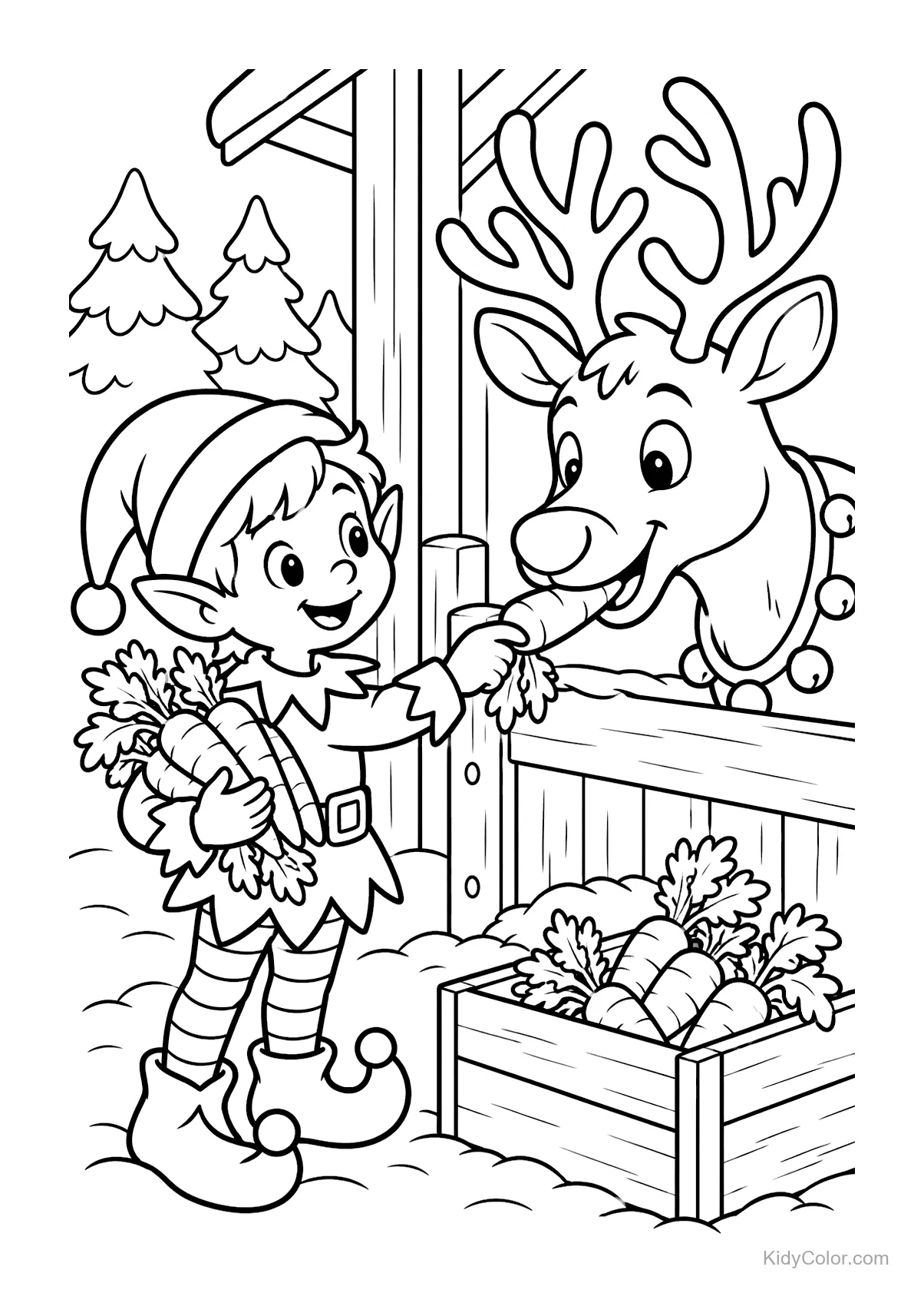 Elf füttert ein Rentier mit einer Karotte in einer Schneeszene mit Bäumen.