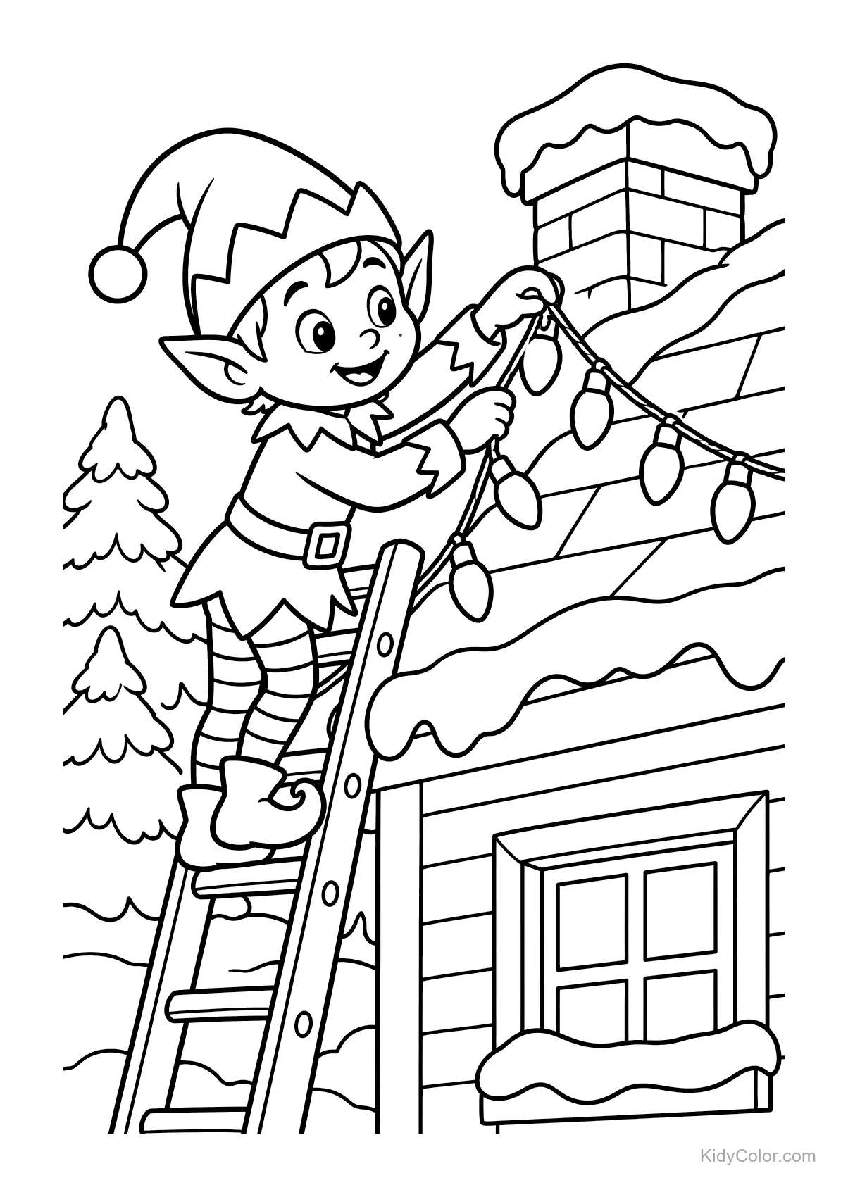 Elf smiling while hanging holiday lights on a snowy rooftop.