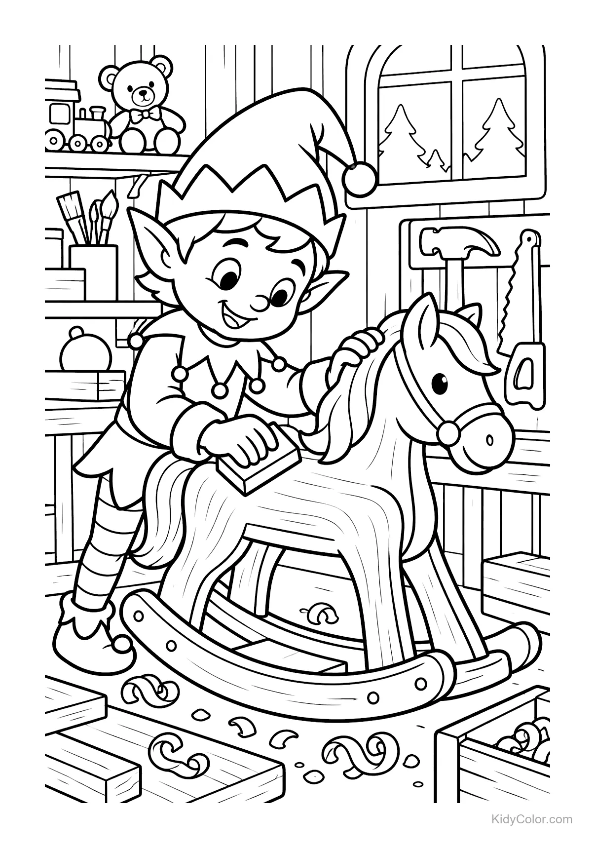 An elf polishing a wooden rocking horse in a workshop.