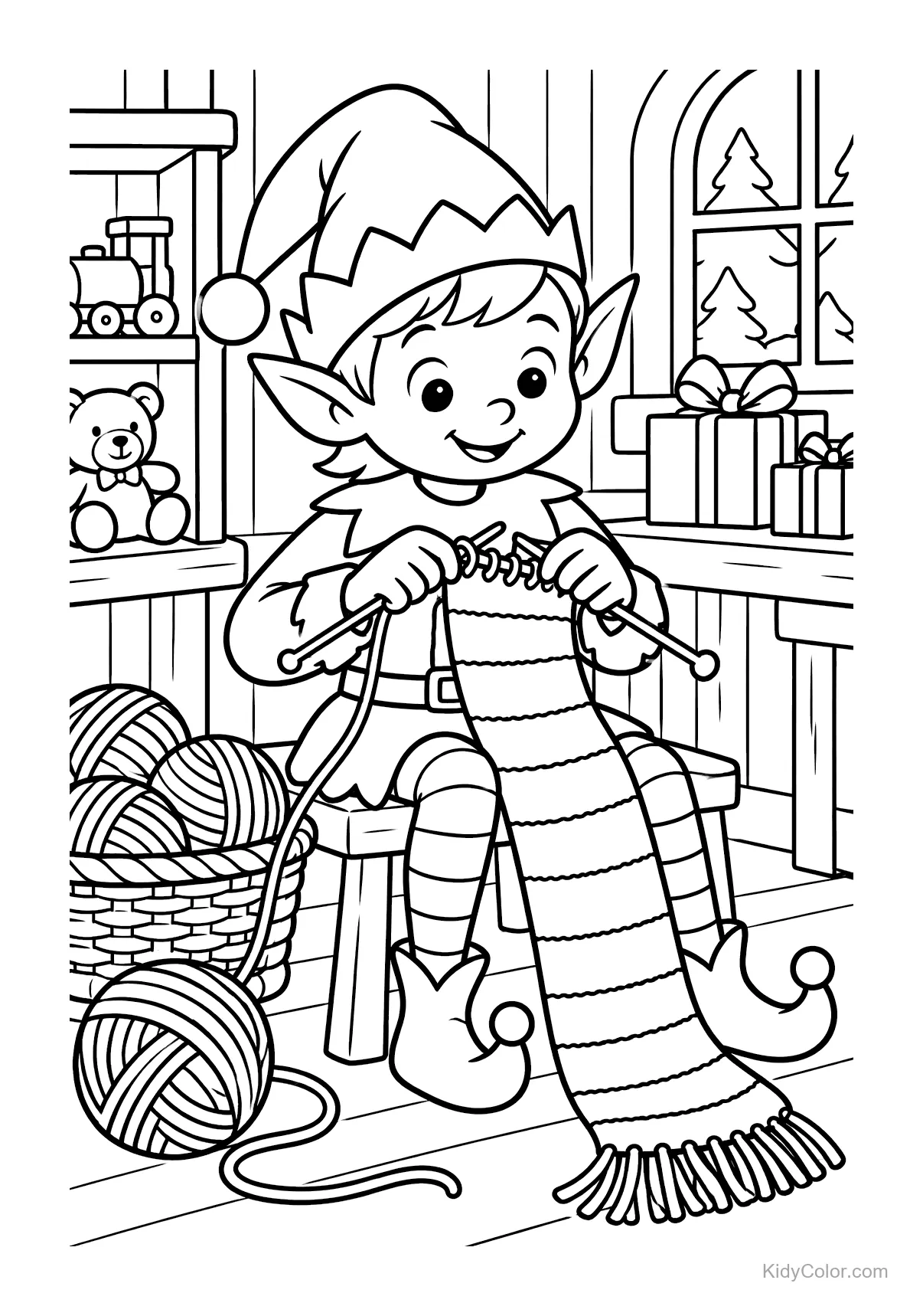 Elf knitting a scarf in a Christmas workshop with yarn and toys.