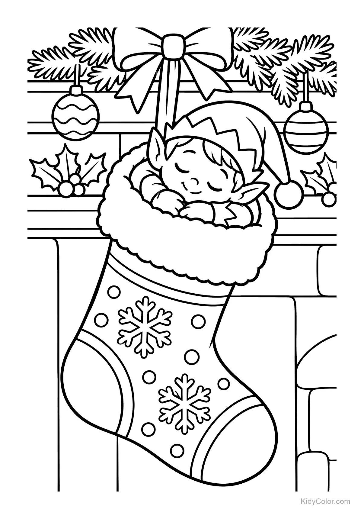 Ein Elf schläft in einem Weihnachtsstrumpf mit Ornamenten und Stechpalmen.