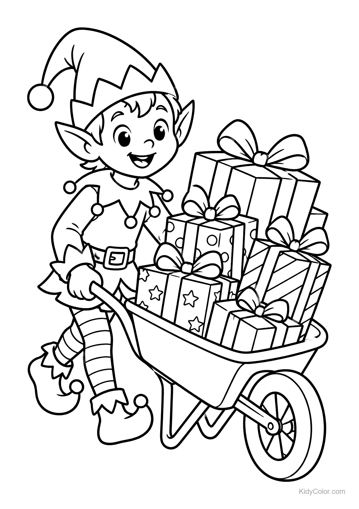Duende empurrando carrinho cheio de presentes embrulhados.
