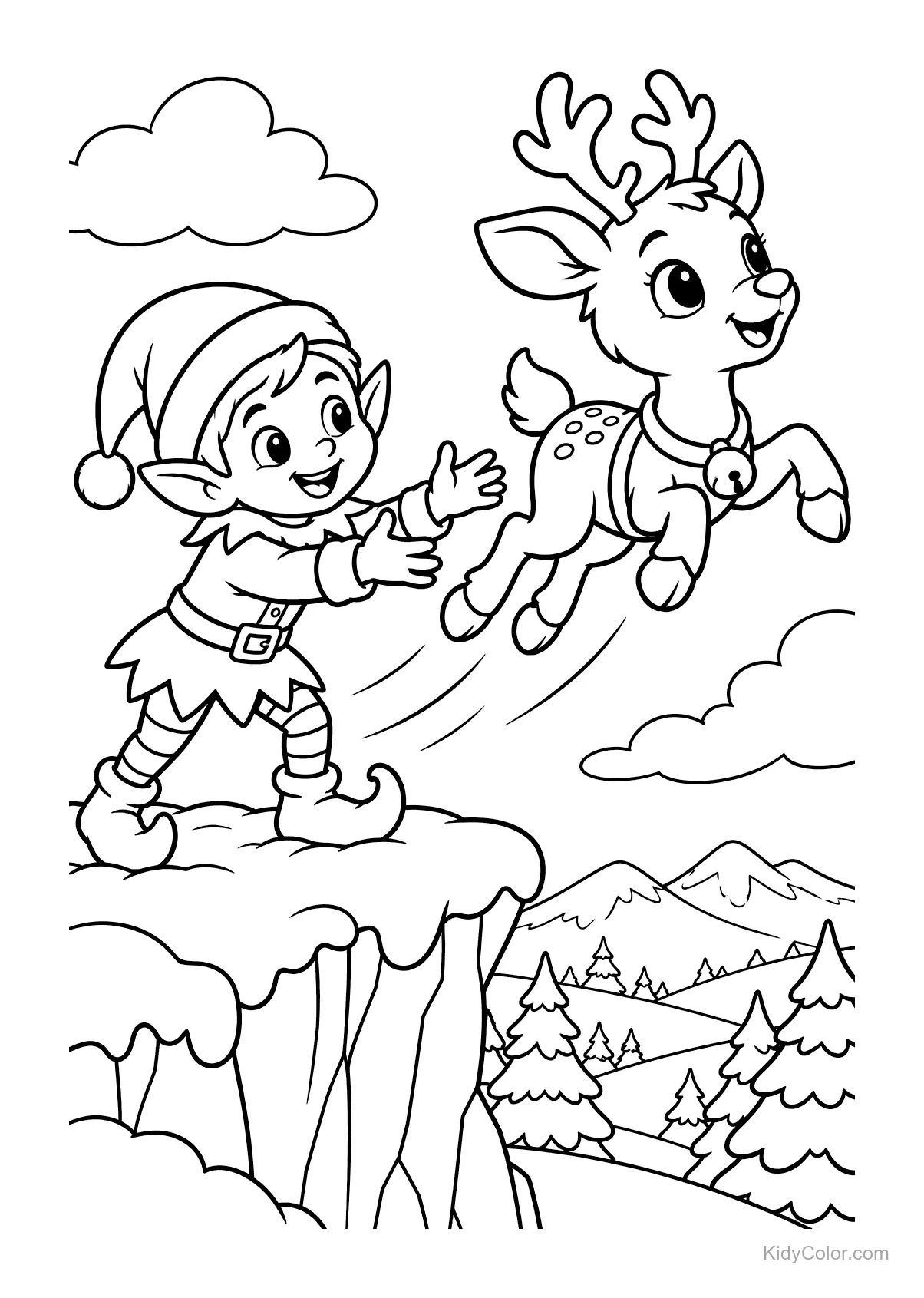 Duende alcançando uma rena voadora sobre picos nevados.