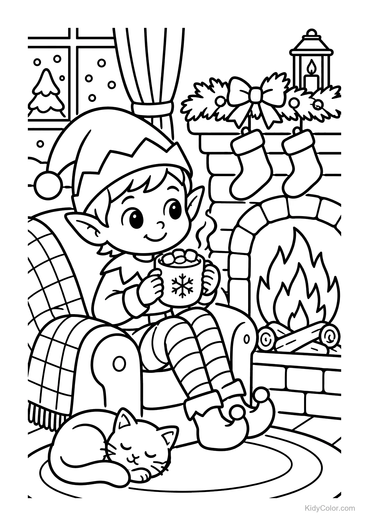An elf with hot cocoa by a fireplace, cat sleeping nearby.