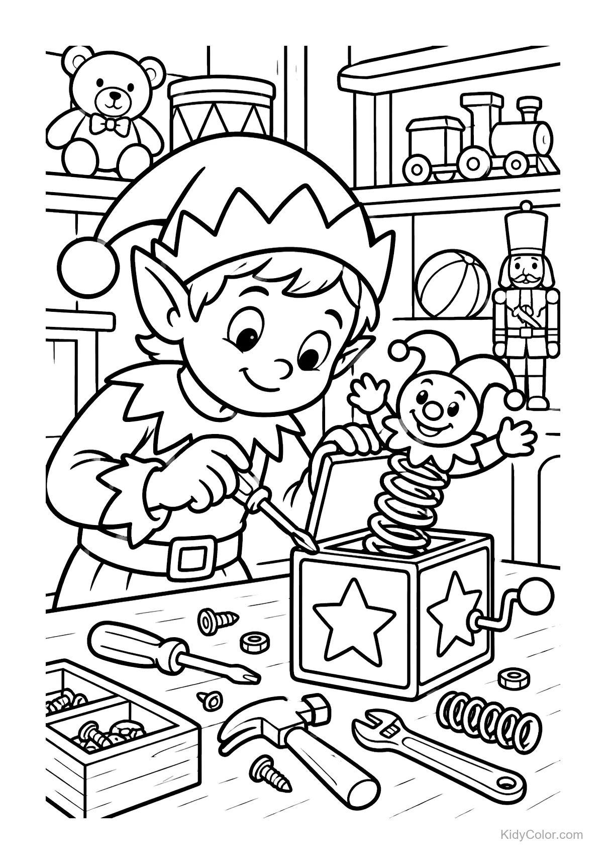 Elf repairing a jack-in-the-box at a workshop with tools and toys.