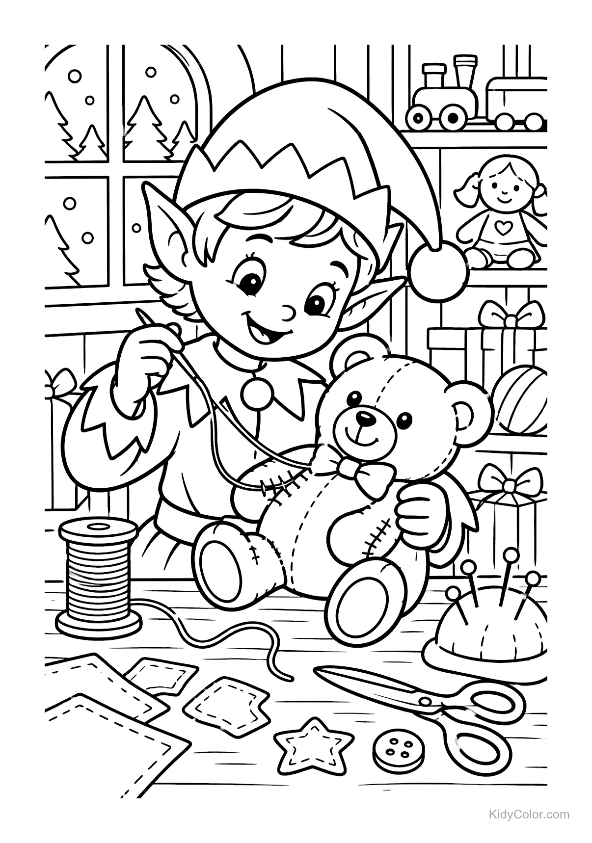 Elf sewing a teddy bear at a workbench with holiday decorations.
