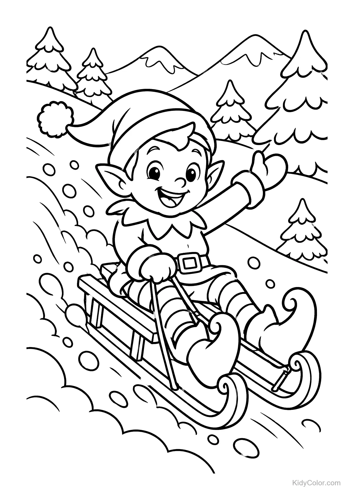 Elf sledding down a snowy hill with trees and mountains in the background.