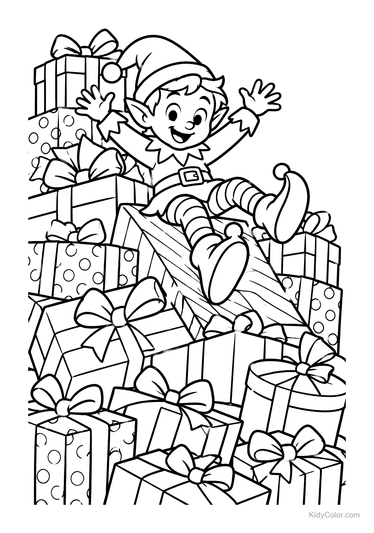 Elf rutscht mit fröhlichem Gesichtsausdruck einen Geschenkhaufen hinunter.